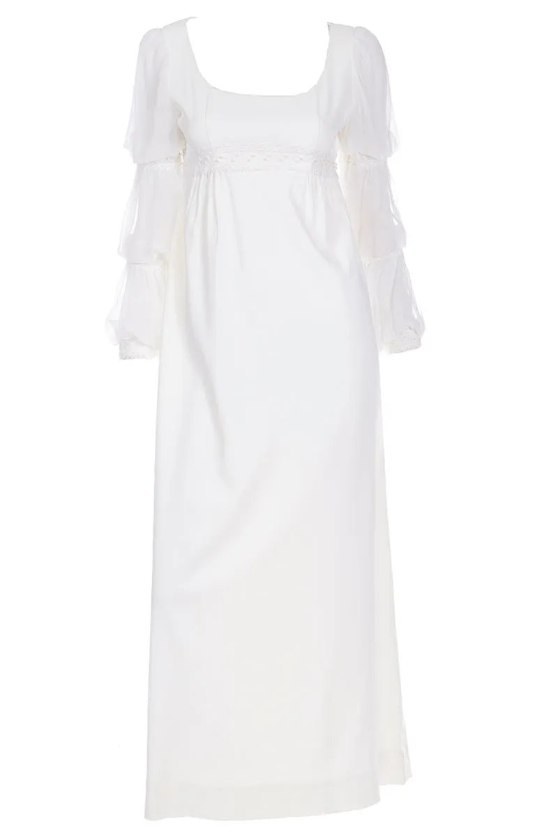 1970s Regency Empire Waist Ivory Crepe Tiered Sleeve Wedding Gown