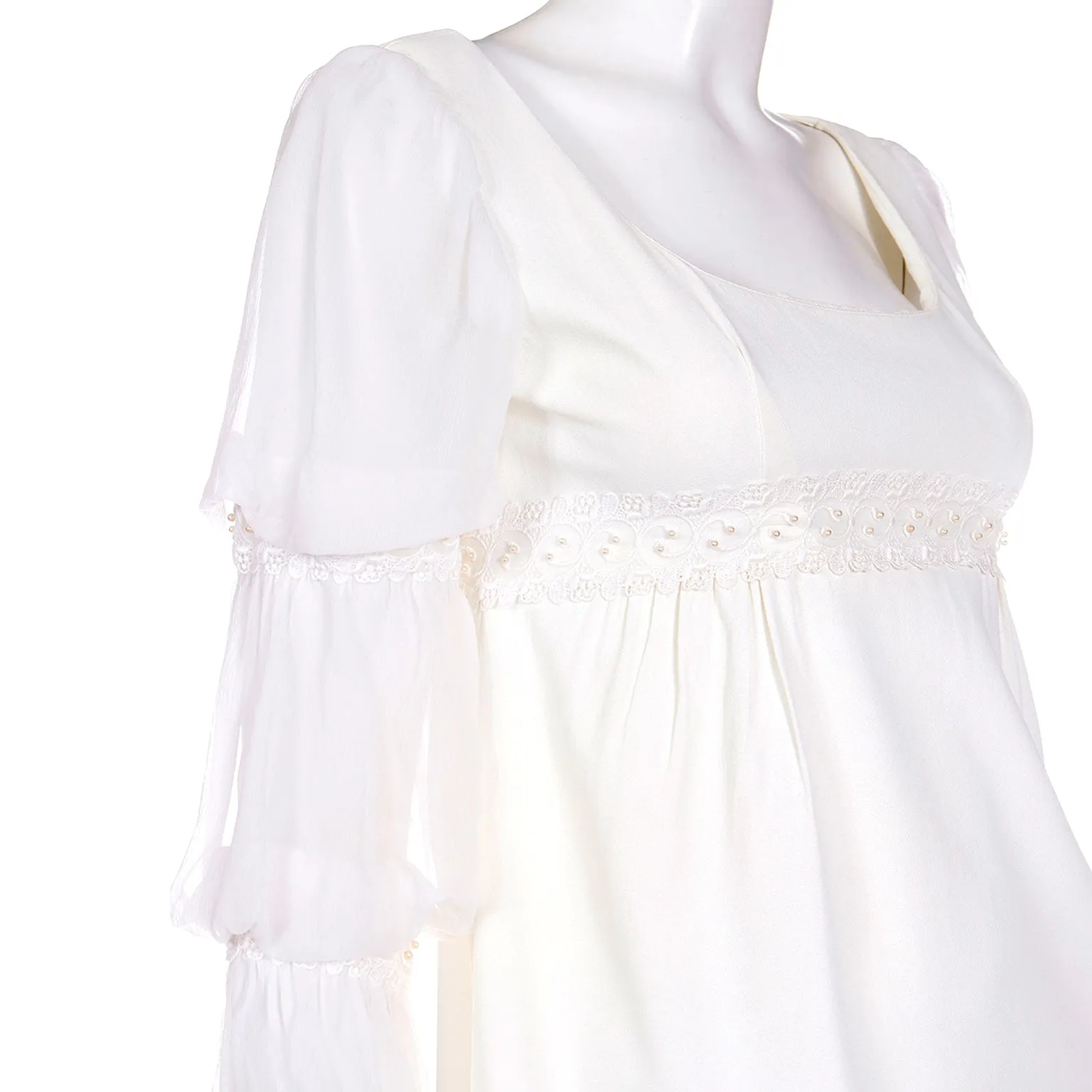 1970s Regency Empire Waist Ivory Crepe Tiered Sleeve Wedding Gown