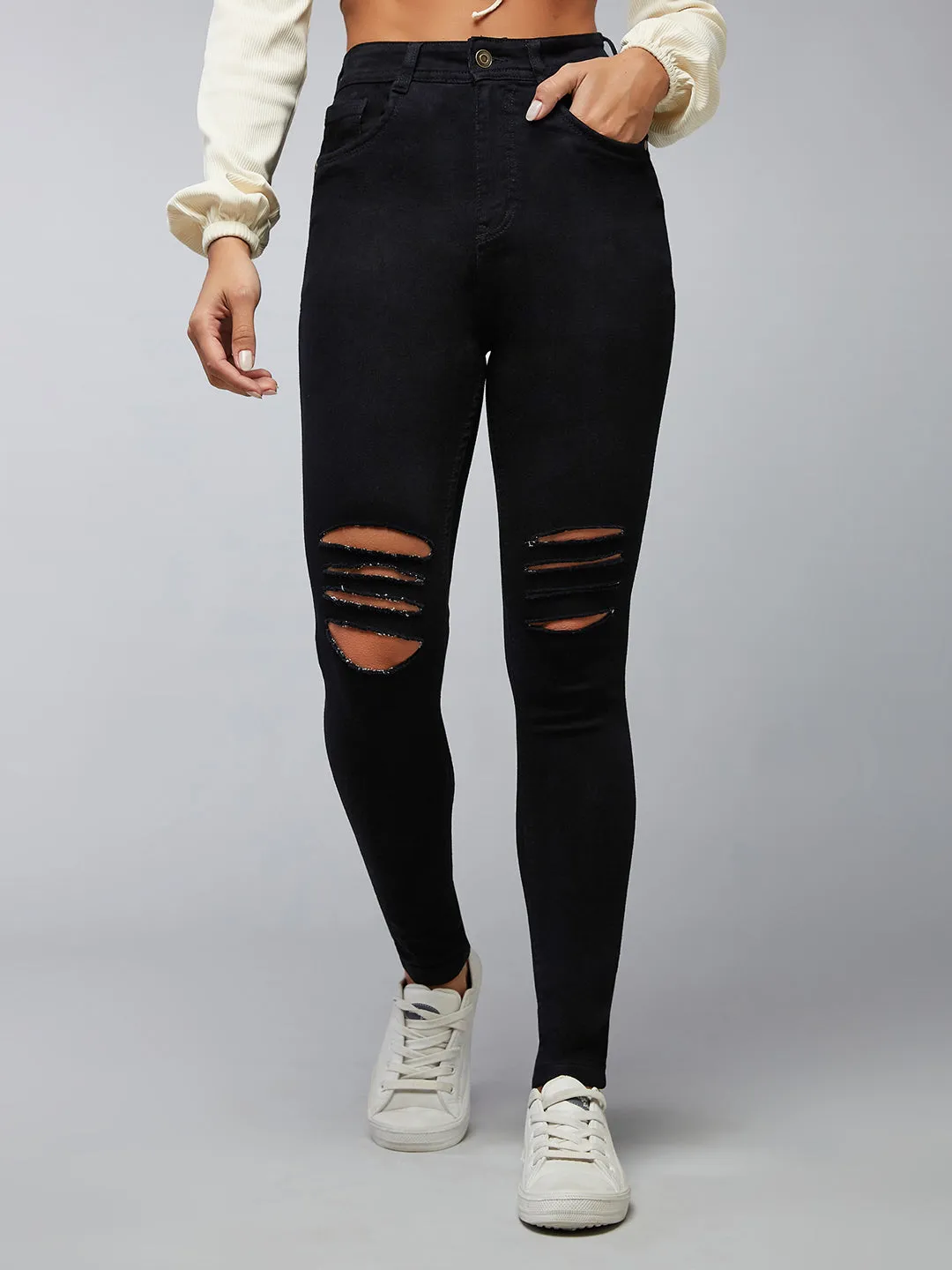 24/7 comfort Women's Black Slim Fit High Rise Mild Distressed Ripped Denim Stretchable Jeans