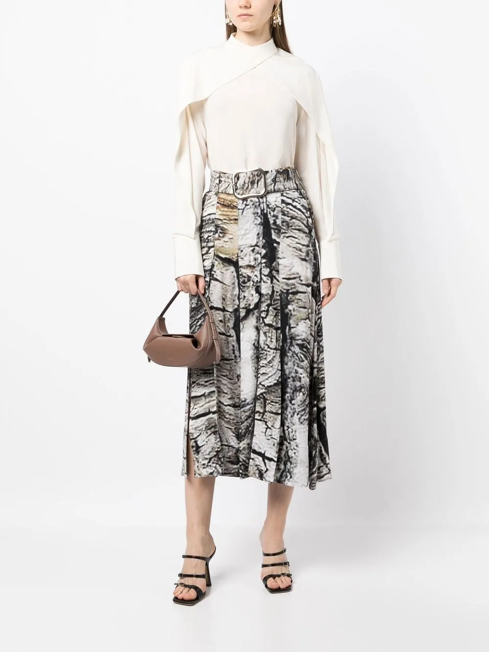 BARK PRINT PLEATED BELTED SKIRT