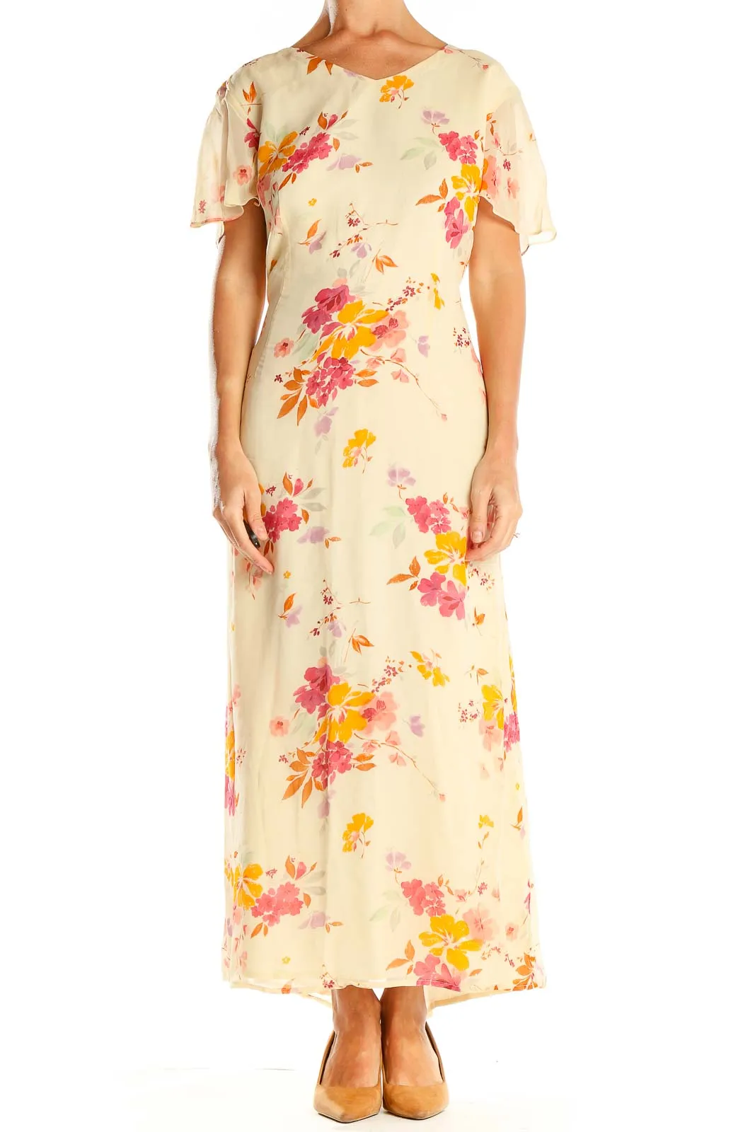 Beige Floral Print Silk Column Dress