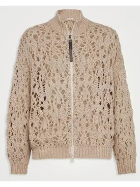 Beige Open-Knit Cotton Cardigan Sweater