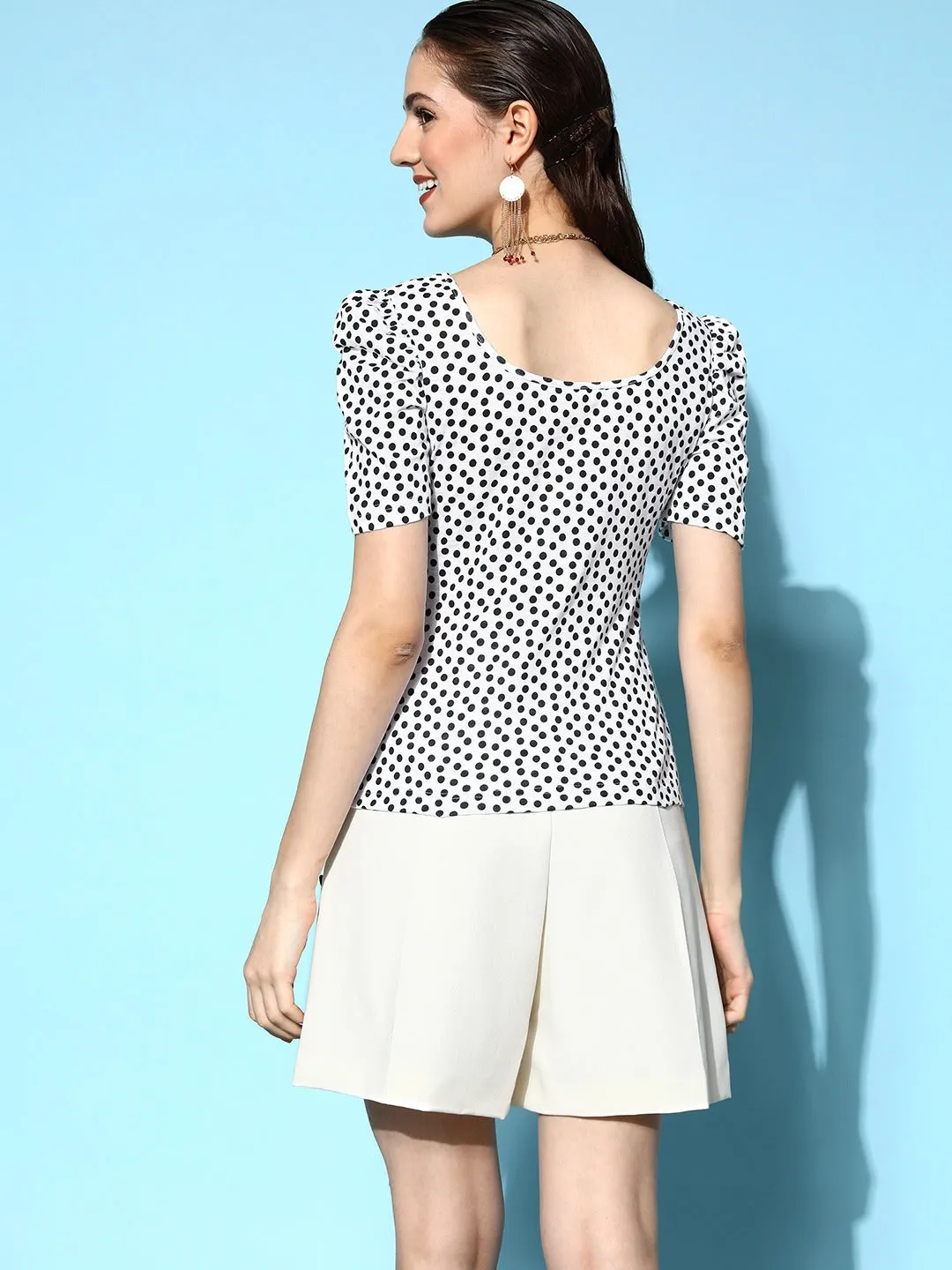 Berrylush Women White & Black Polka Dot Printed Scoop Neck Knitted Cotton Regular T-Shirt