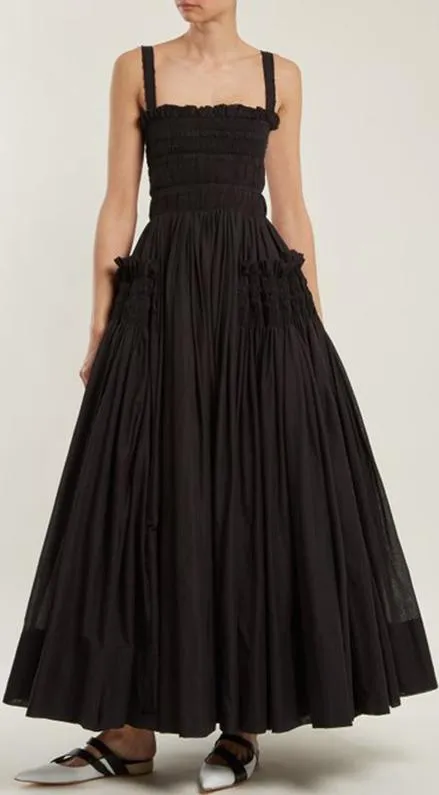 Black Gathered Smocked Maxi Dress