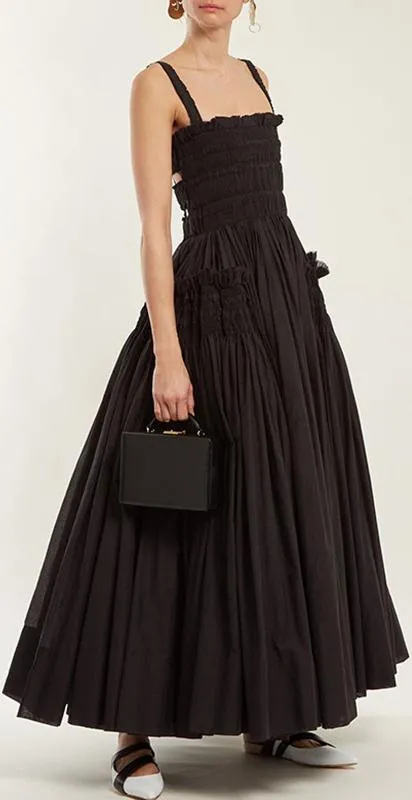 Black Gathered Smocked Maxi Dress