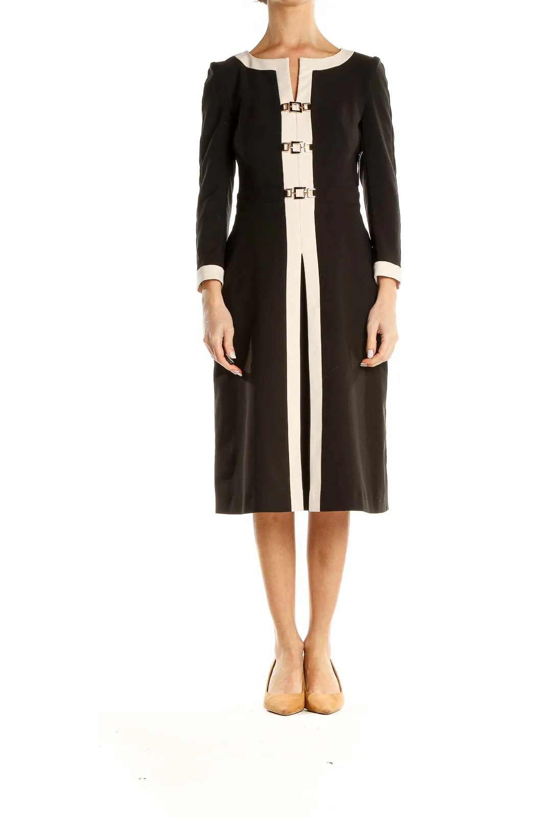 Black White Work Sheath Dress With Gold Clasp Detail