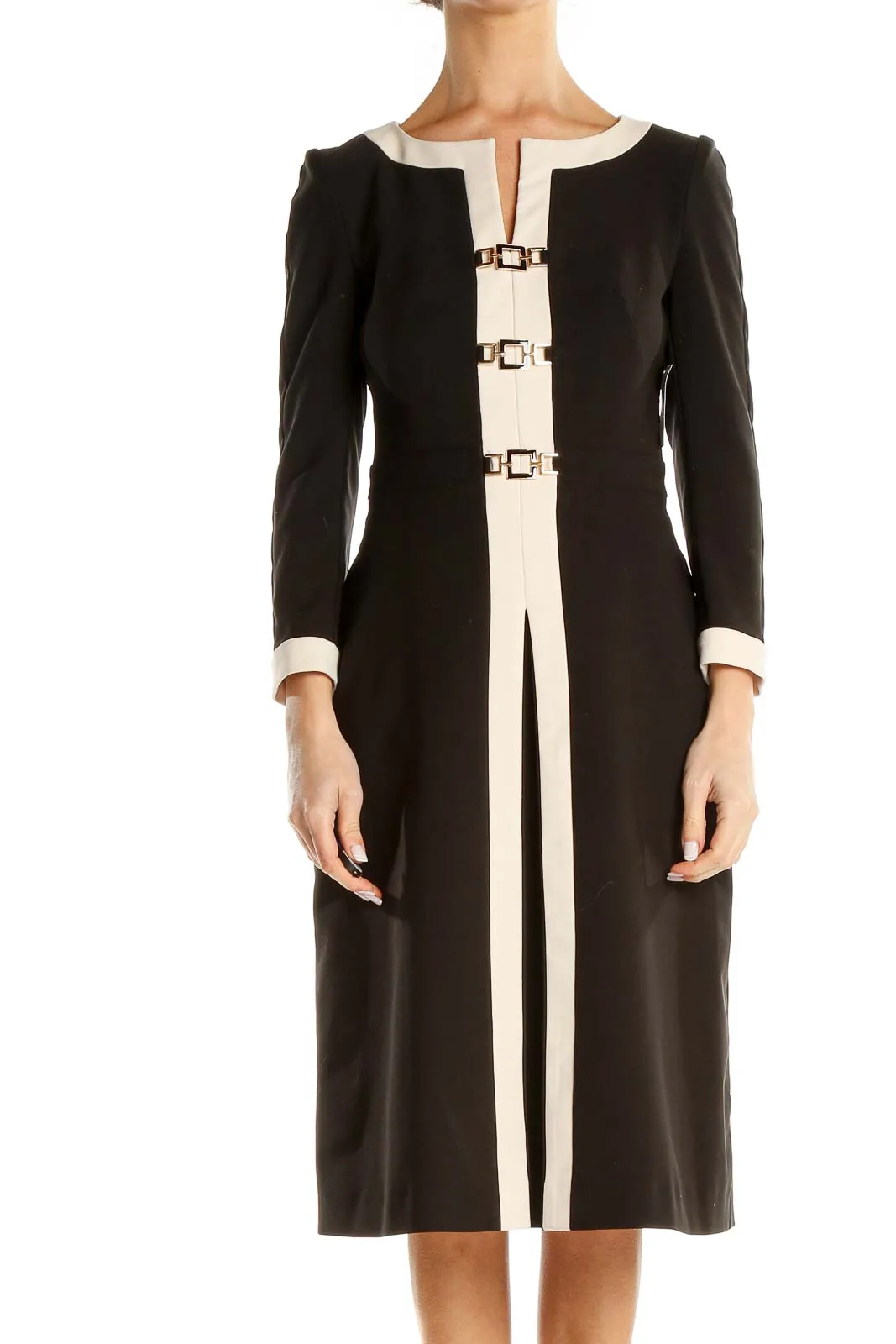 Black White Work Sheath Dress With Gold Clasp Detail