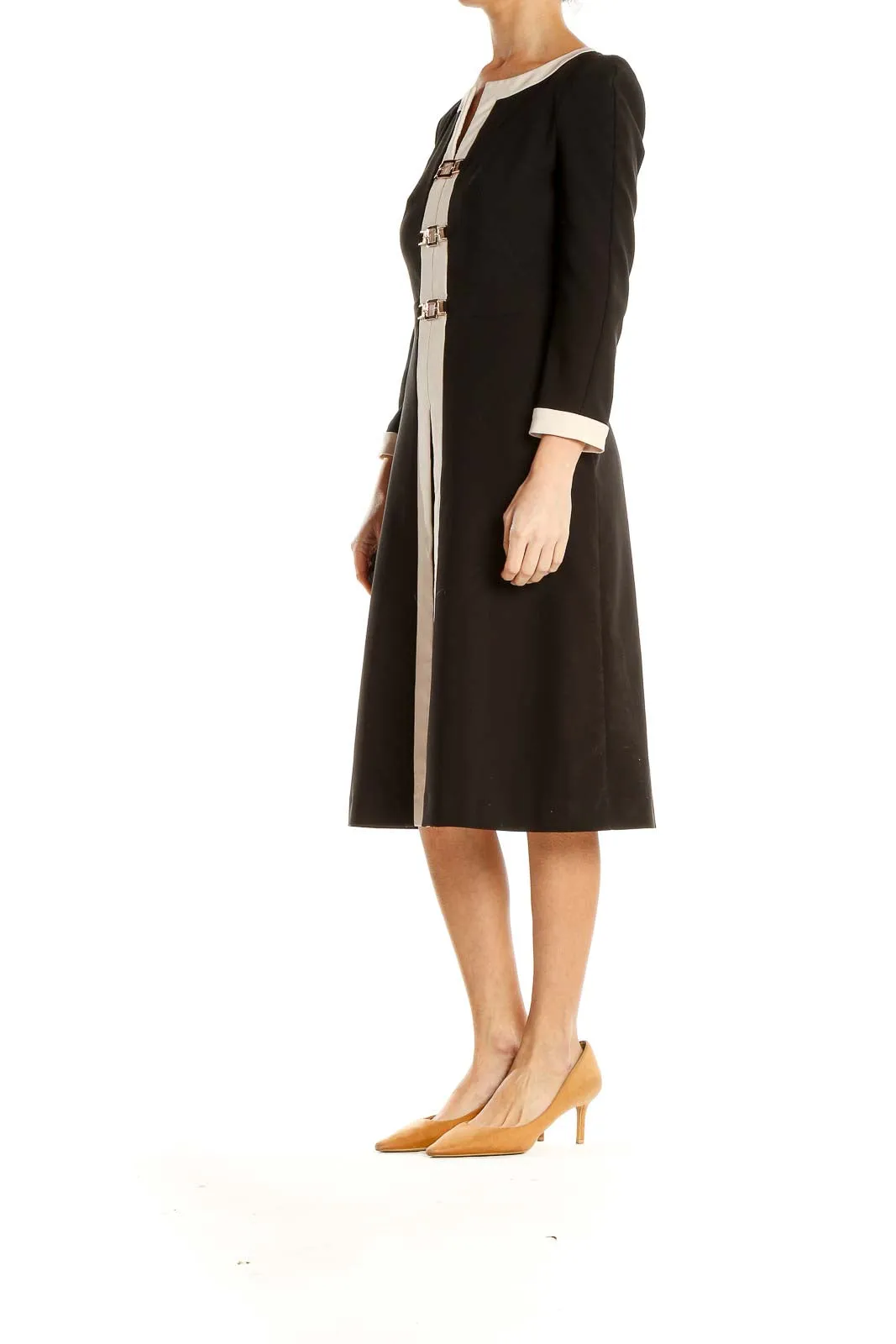 Black White Work Sheath Dress With Gold Clasp Detail