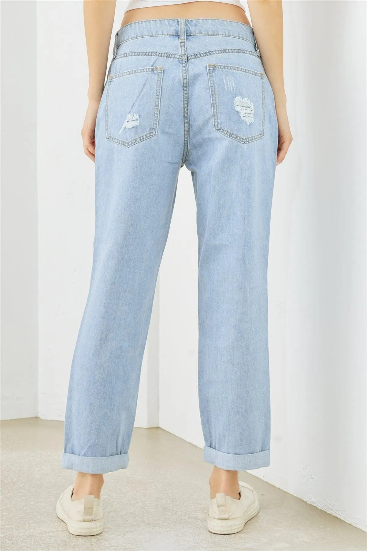 Blue Denim Cotton Ripped High Waist Jeans