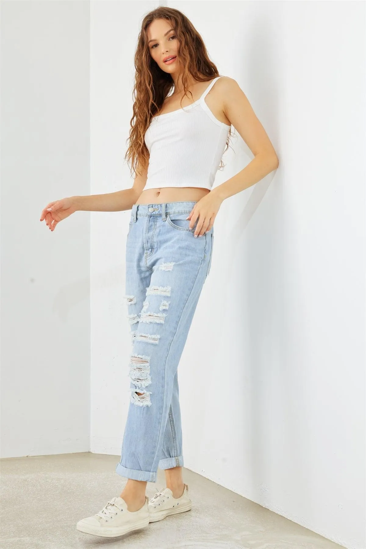 Blue Denim Cotton Ripped High Waist Jeans