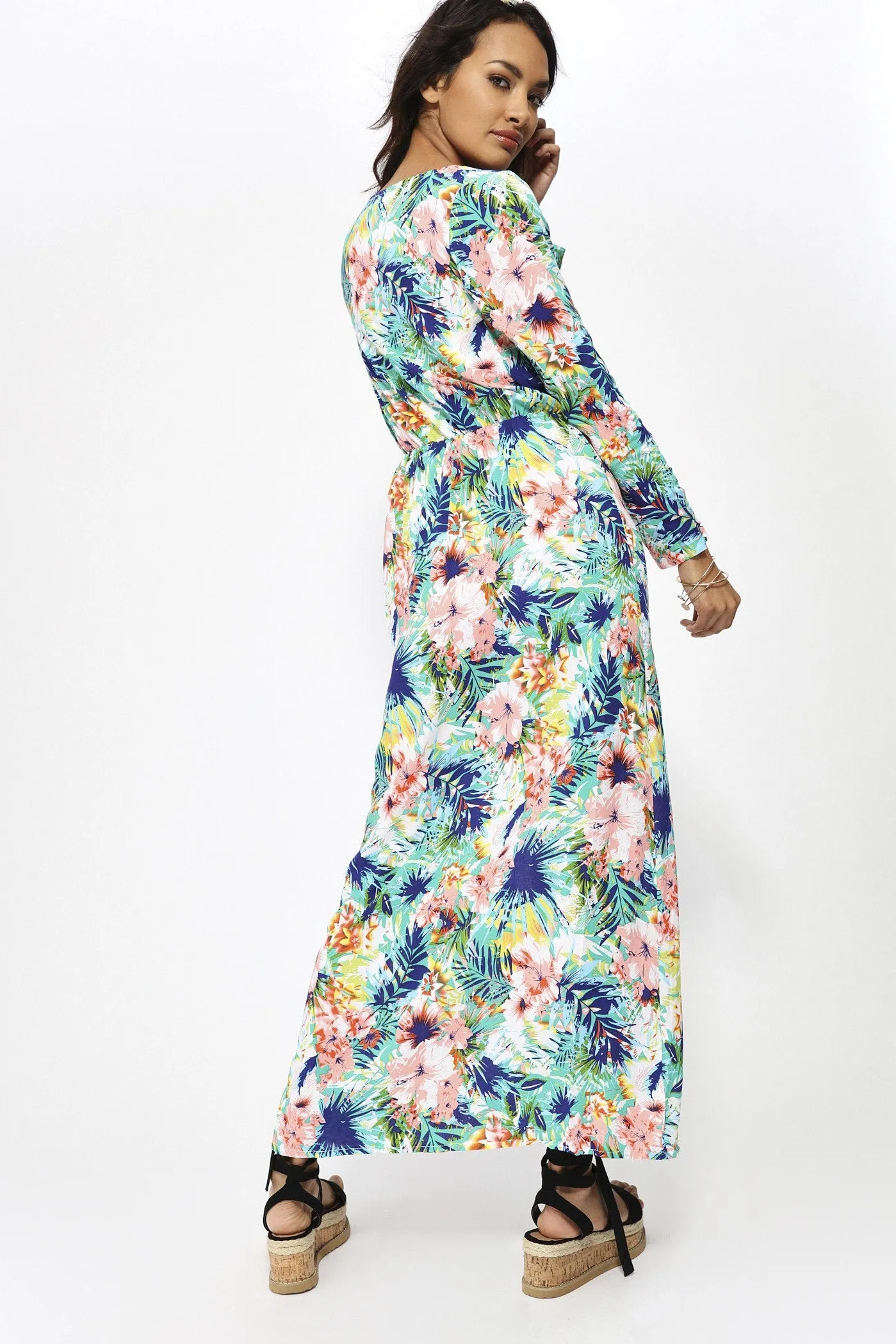 Blue Floral Long Sleeve Maxi Dress