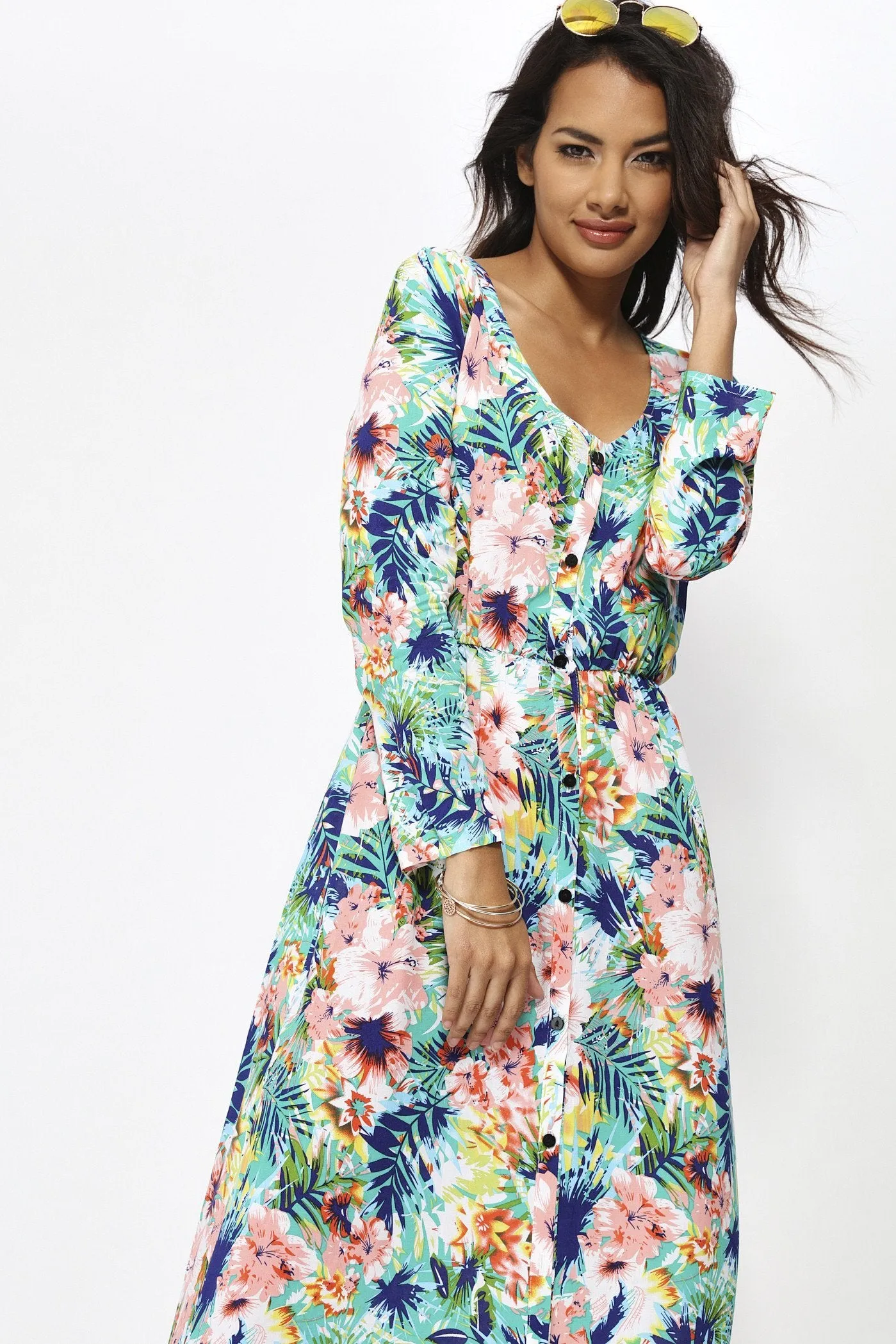 Blue Floral Long Sleeve Maxi Dress