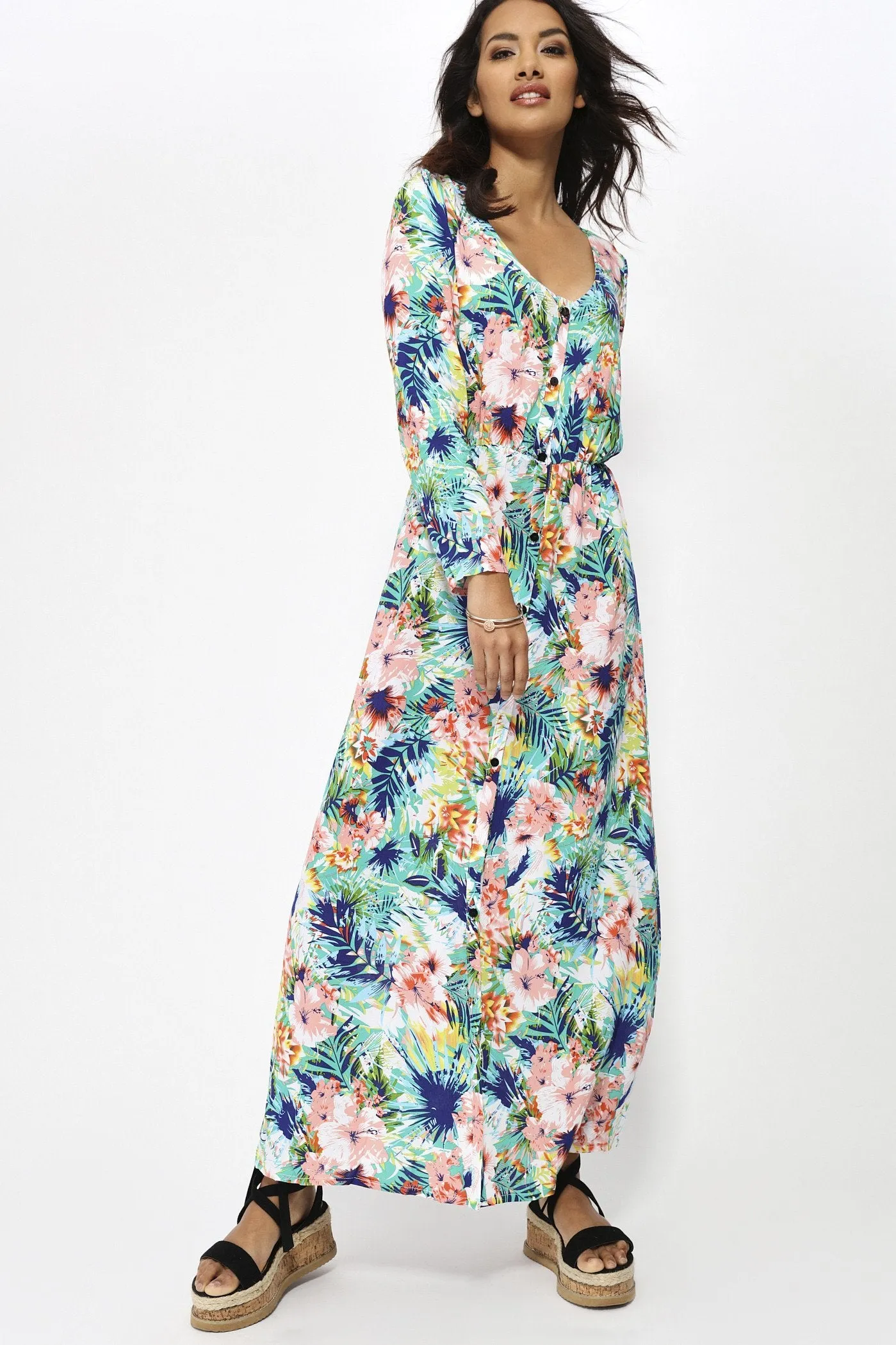 Blue Floral Long Sleeve Maxi Dress