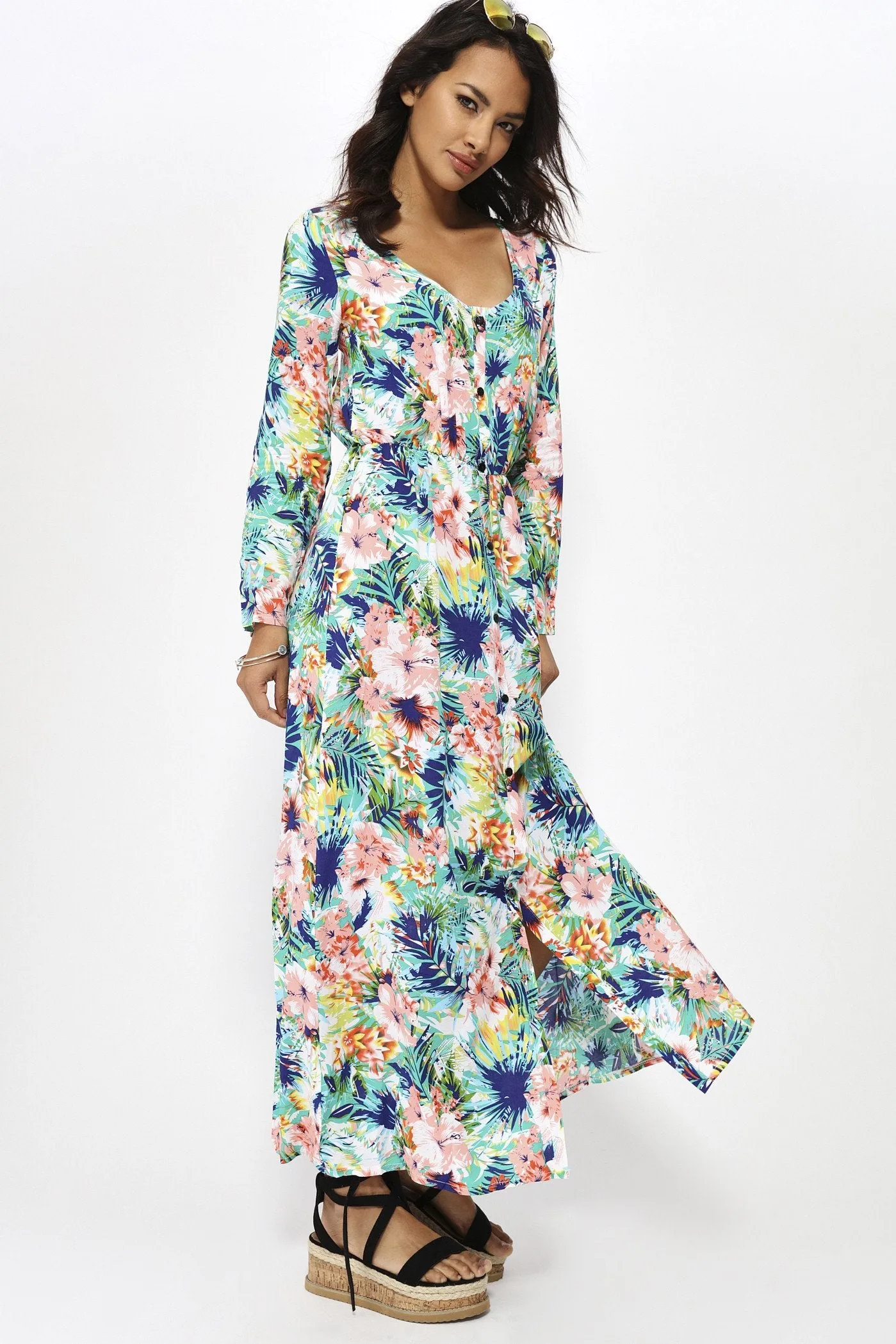 Blue Floral Long Sleeve Maxi Dress