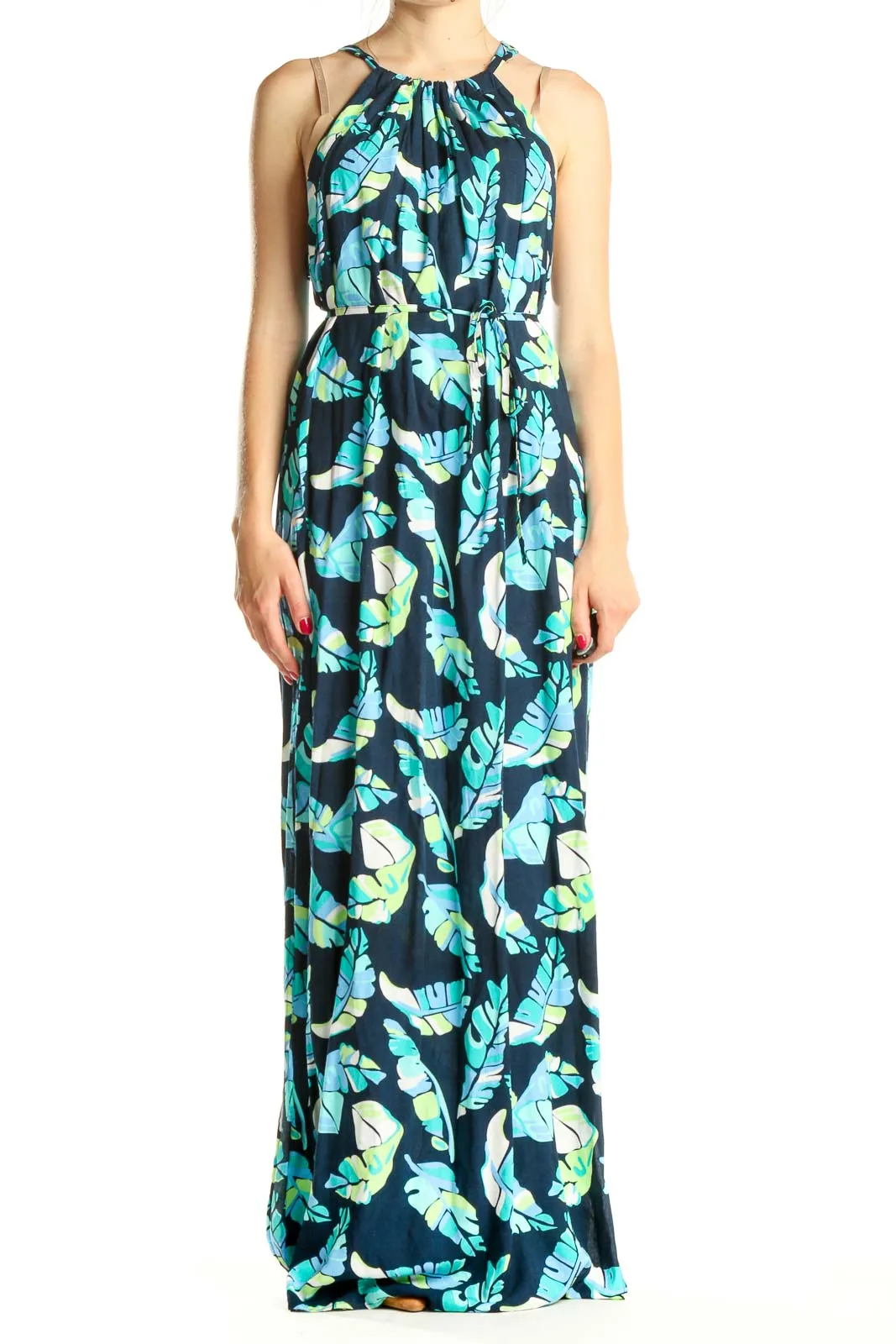 Blue Tropical Print Bohemian Column Dress