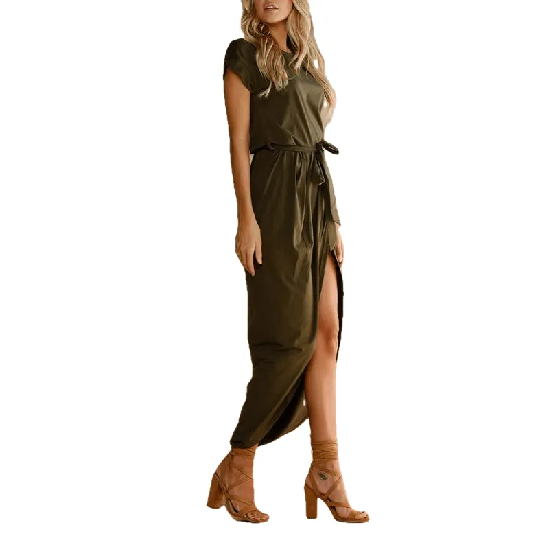 Bohemian Asymmetrical Solid Ankle-Length O-Neck Dress