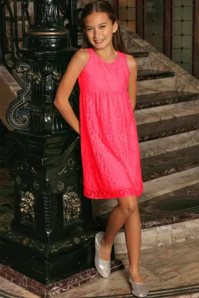 Bright Neon Pink Lace Empire Waist Sleeveless Dress - Girls