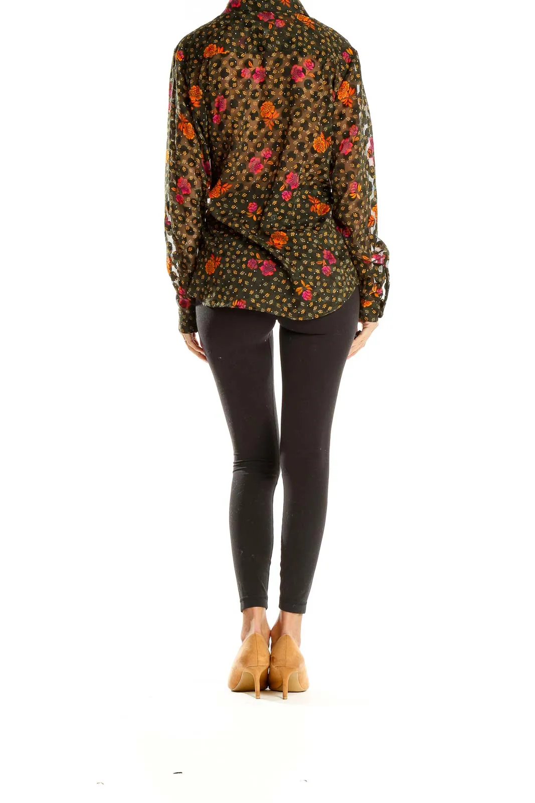 Brown Floral Print Polka Dot Mesh Blouse