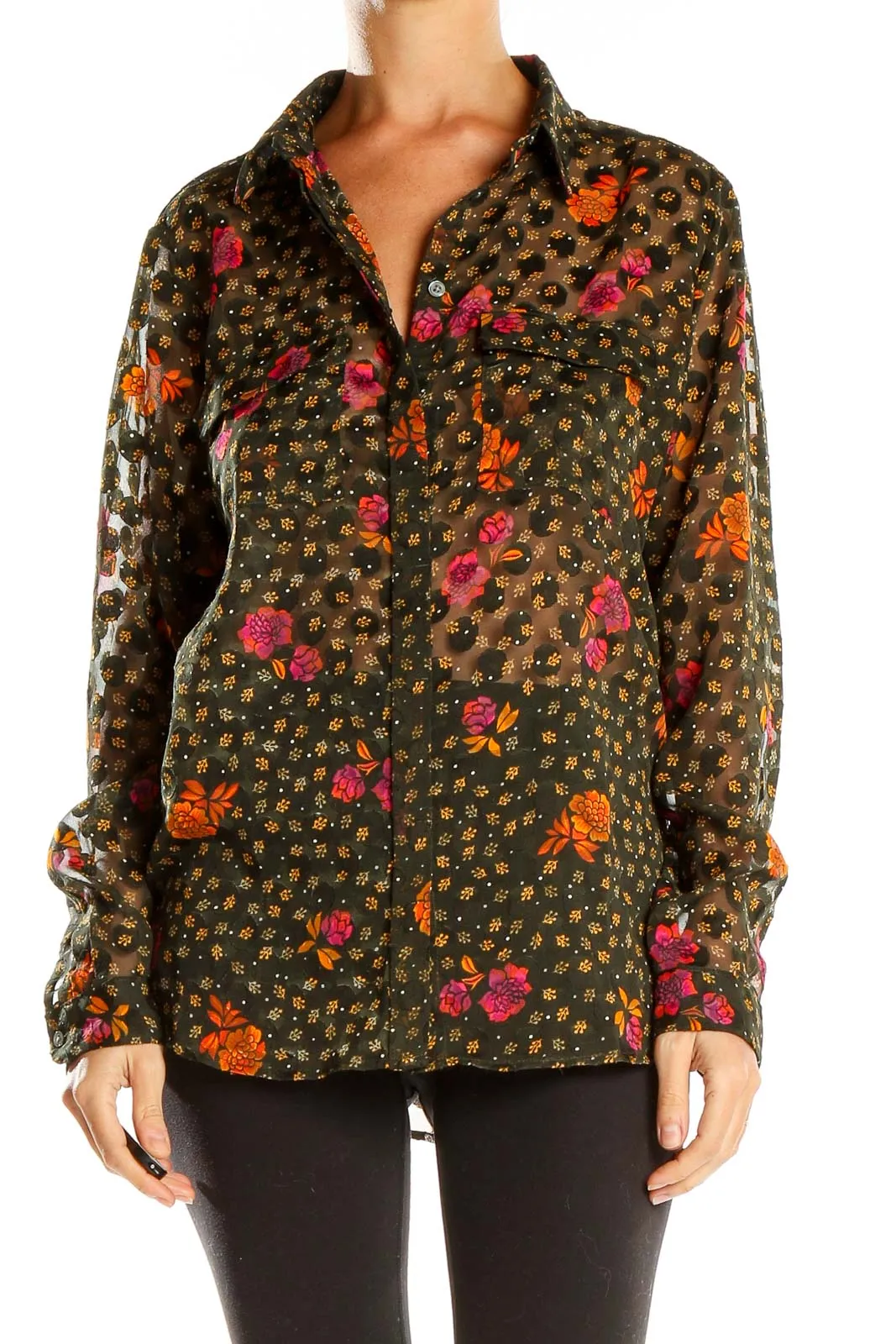 Brown Floral Print Polka Dot Mesh Blouse