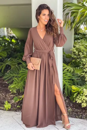 Brown Maxi Dress With Slit And Long Sleeves