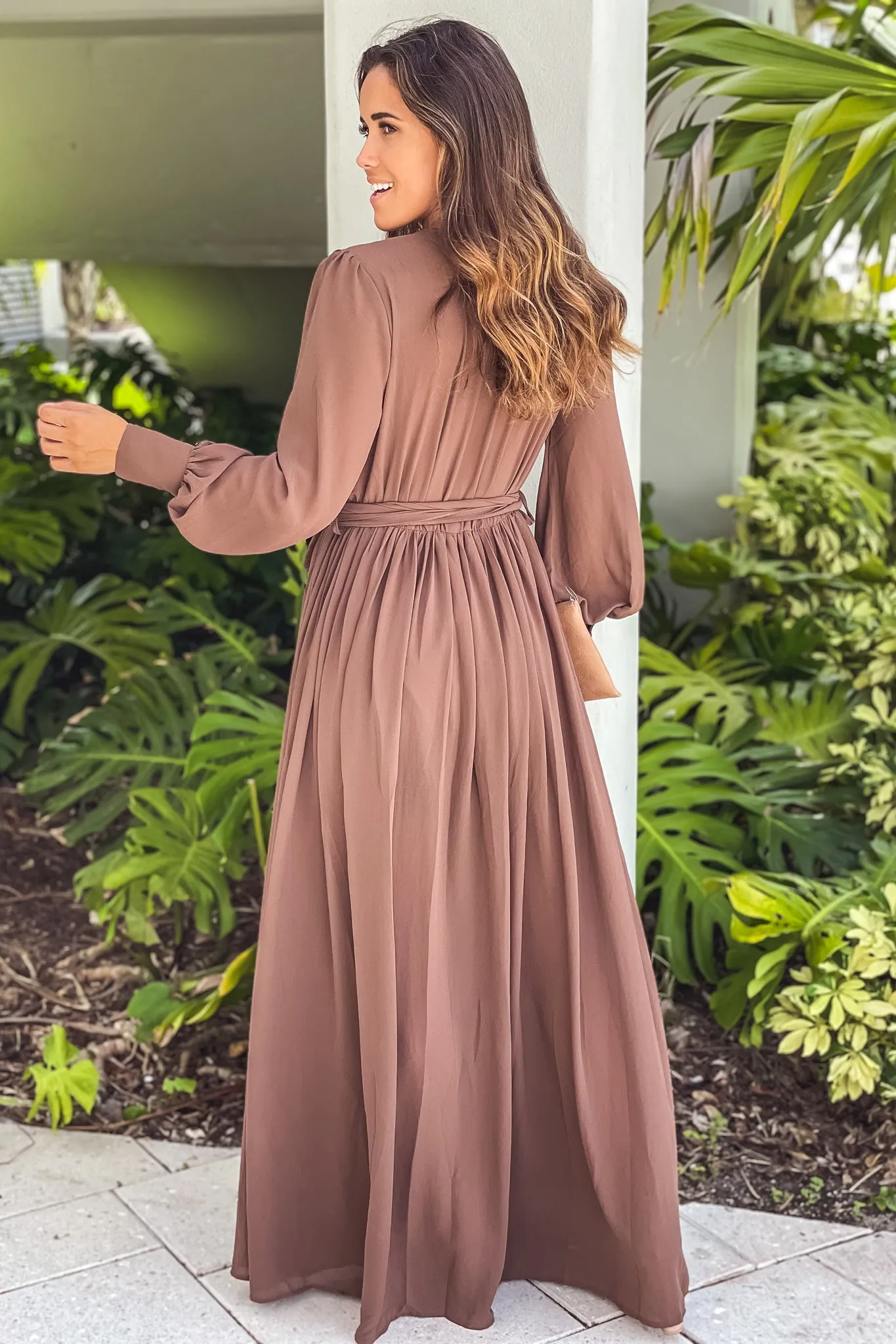 Brown Maxi Dress With Slit And Long Sleeves