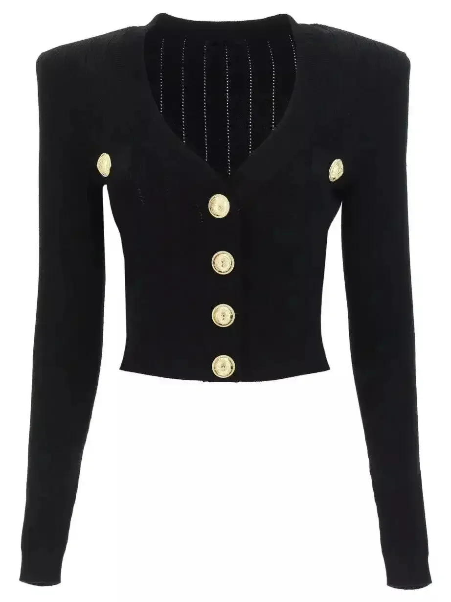 Button-Embellished Cropped Knit Cardigan, Black