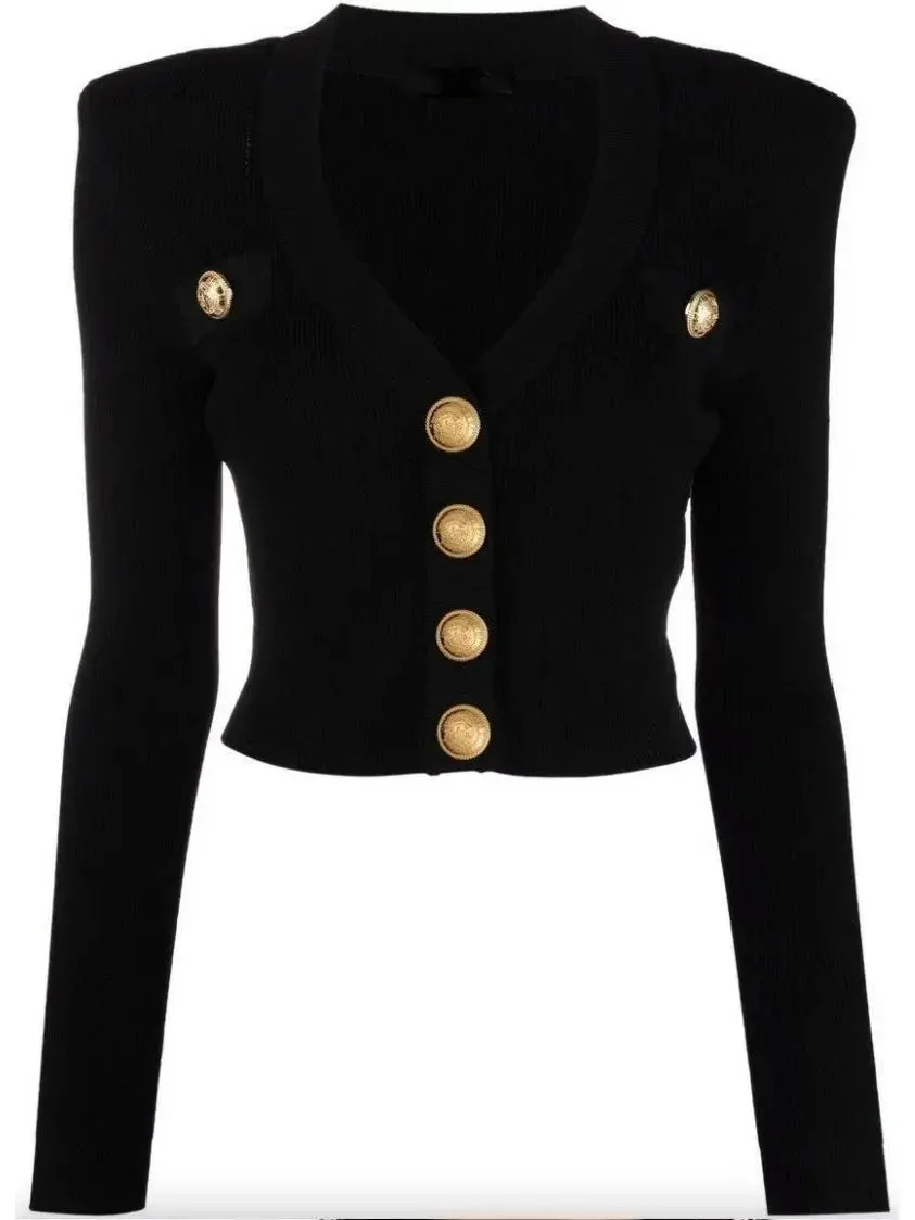 Button-Embellished Cropped Knit Cardigan, Black