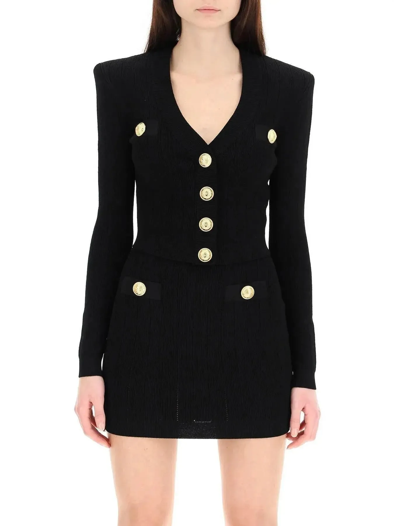 Button-Embellished Cropped Knit Cardigan, Black