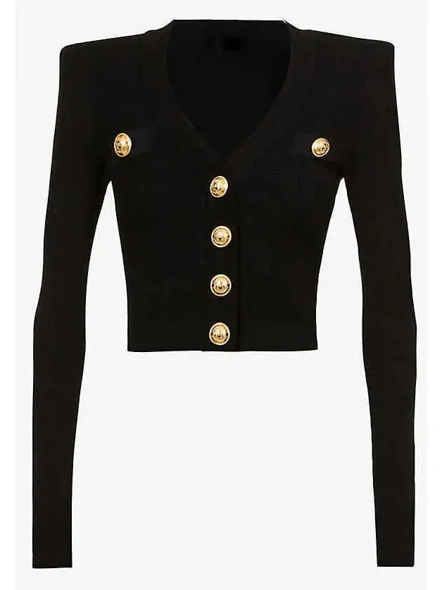 Button-Embellished Cropped Knit Cardigan, Black