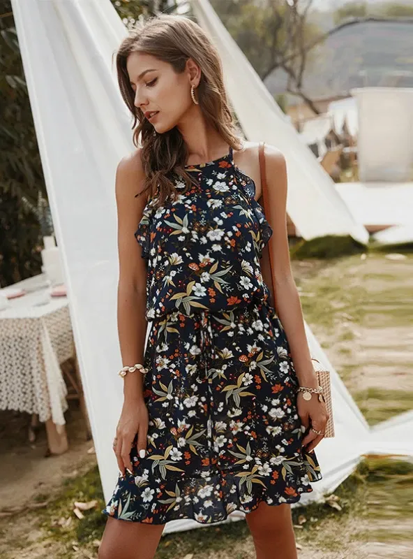 CASUAL SLEEVELESS RUFFLES ABOVE KNEE MINI FLORAL DRESS