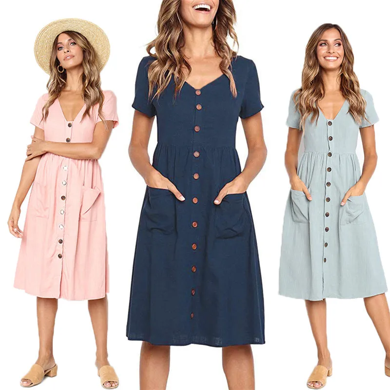 Casual Summer Vintage Short Sleeve Buttons V Neck Midi Dress For Ladies