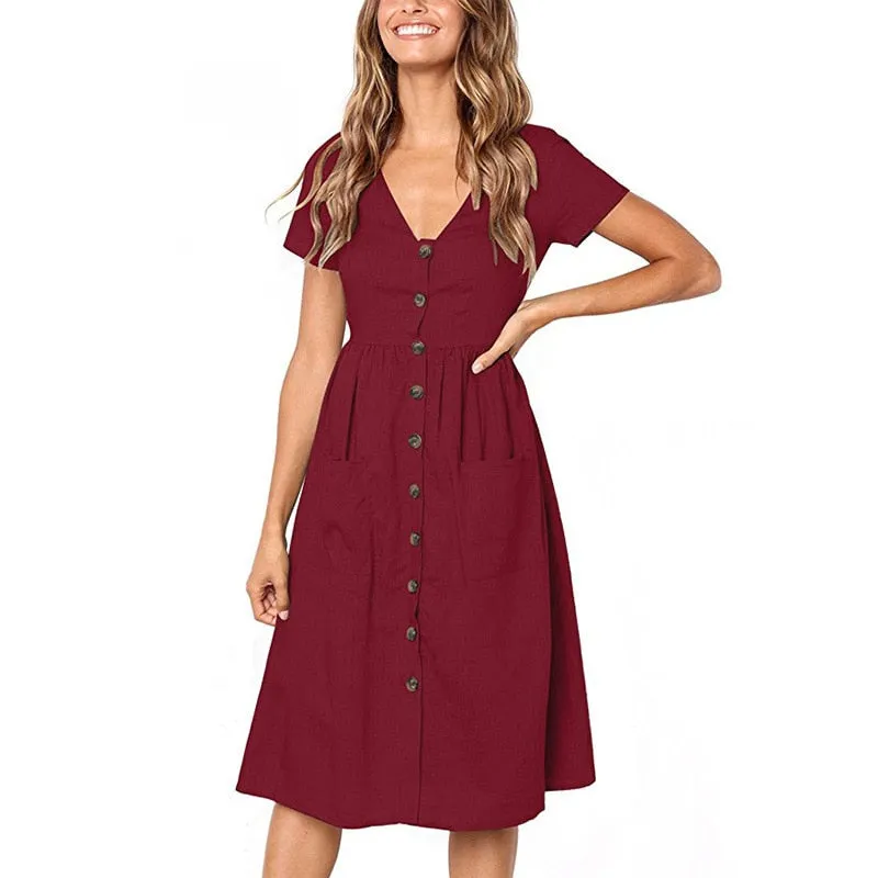 Casual Summer Vintage Short Sleeve Buttons V Neck Midi Dress For Ladies