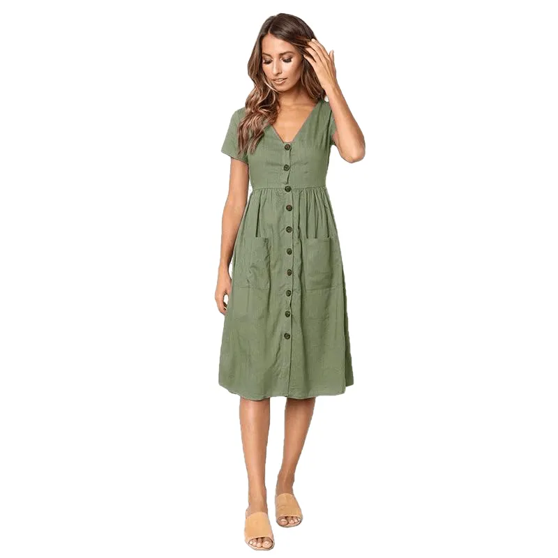 Casual Summer Vintage Short Sleeve Buttons V Neck Midi Dress For Ladies