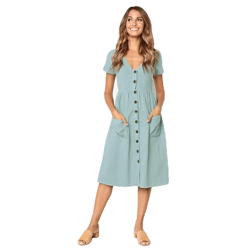 Casual Summer Vintage Short Sleeve Buttons V Neck Midi Dress For Ladies