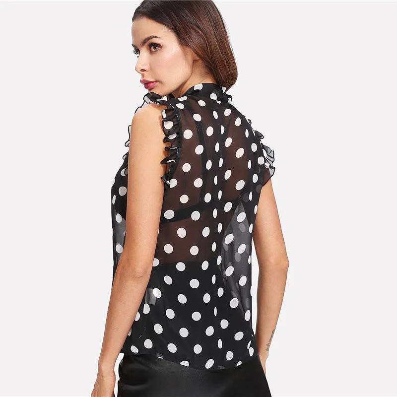 Casual Trendy Ladies' Polka Dot Print Stand Collar Sleeveless Blouse