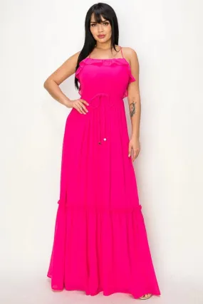 Chiffon Strap Ruffled Tie Waist Maxi Dress Hot Pink