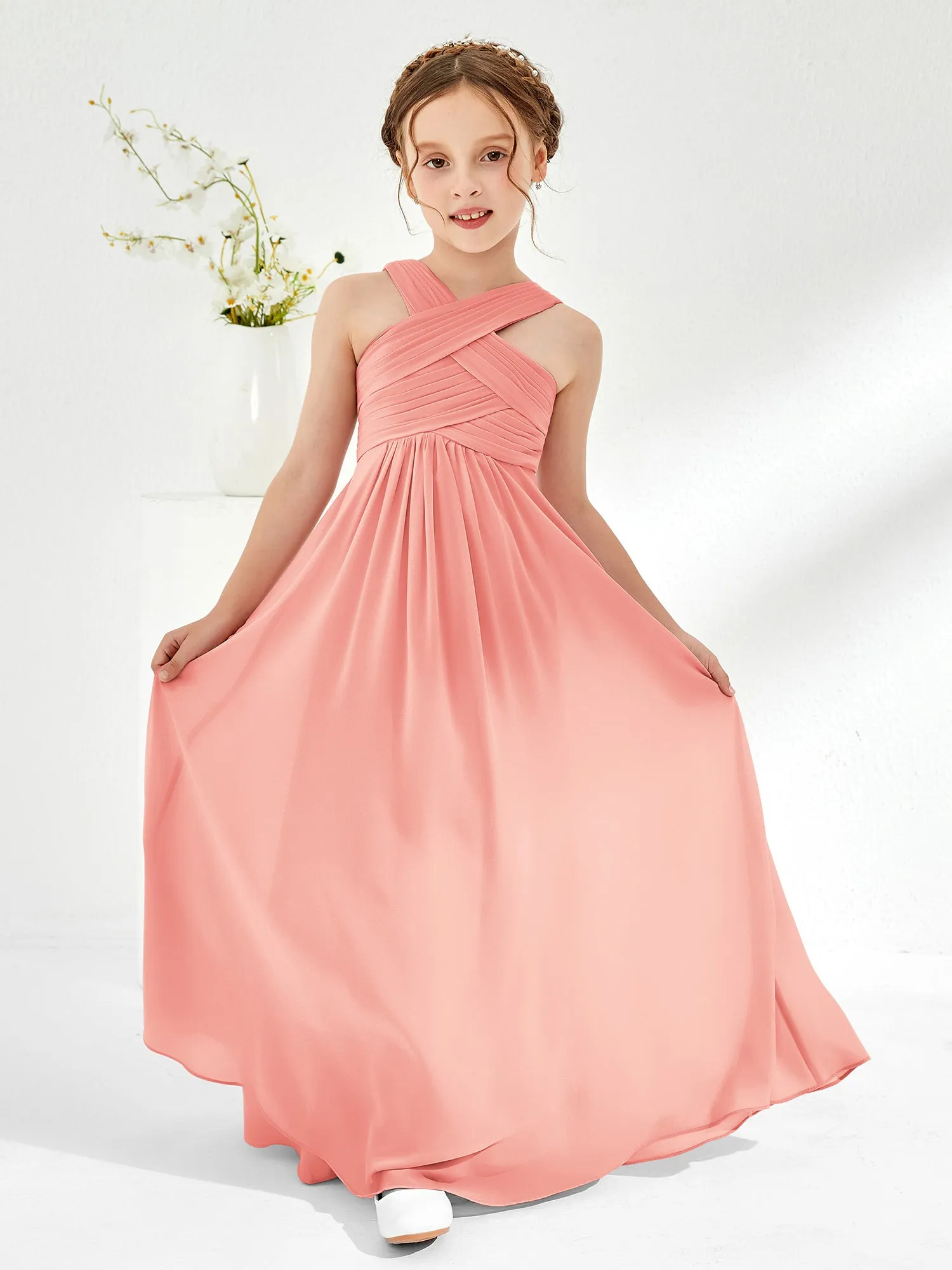 Cross Shoulder Strap Junior Bridesmaid Dresses with Empire Waist Coral