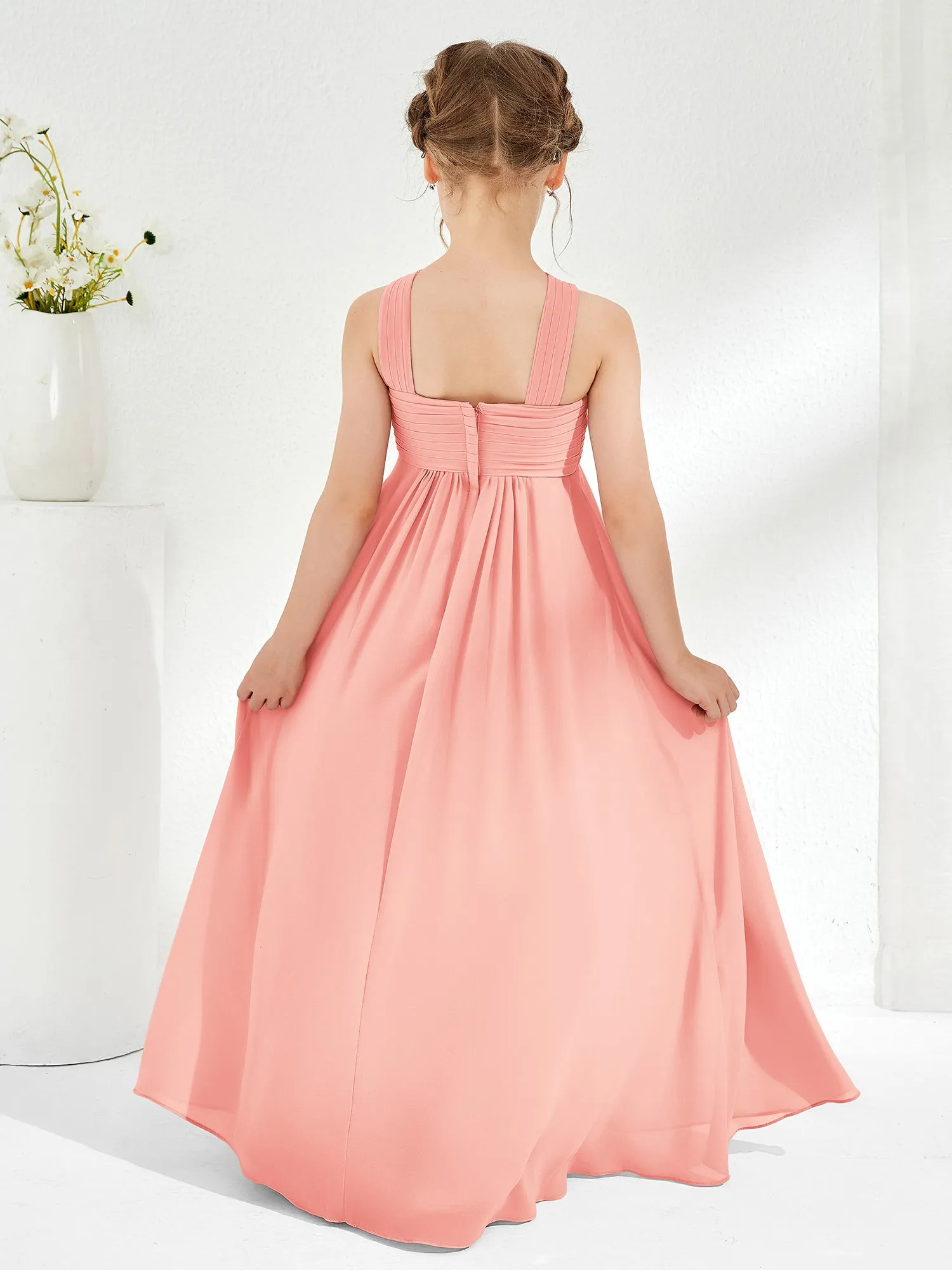 Cross Shoulder Strap Junior Bridesmaid Dresses with Empire Waist Coral