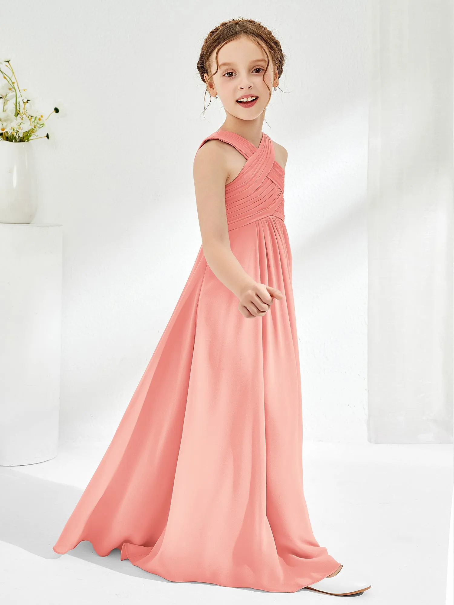 Cross Shoulder Strap Junior Bridesmaid Dresses with Empire Waist Coral