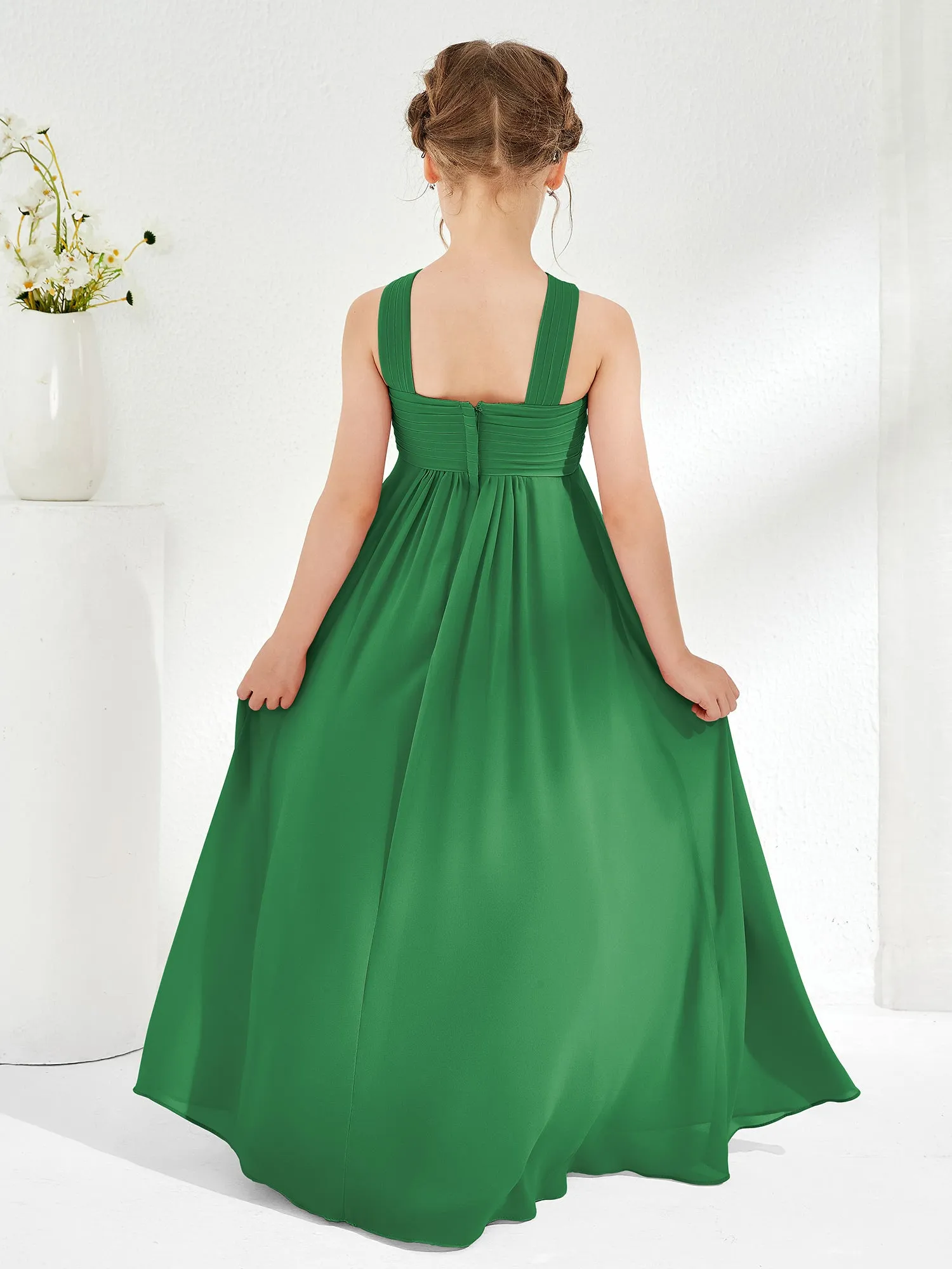 Cross Shoulder Strap Junior Bridesmaid Dresses with Empire Waist Emerald