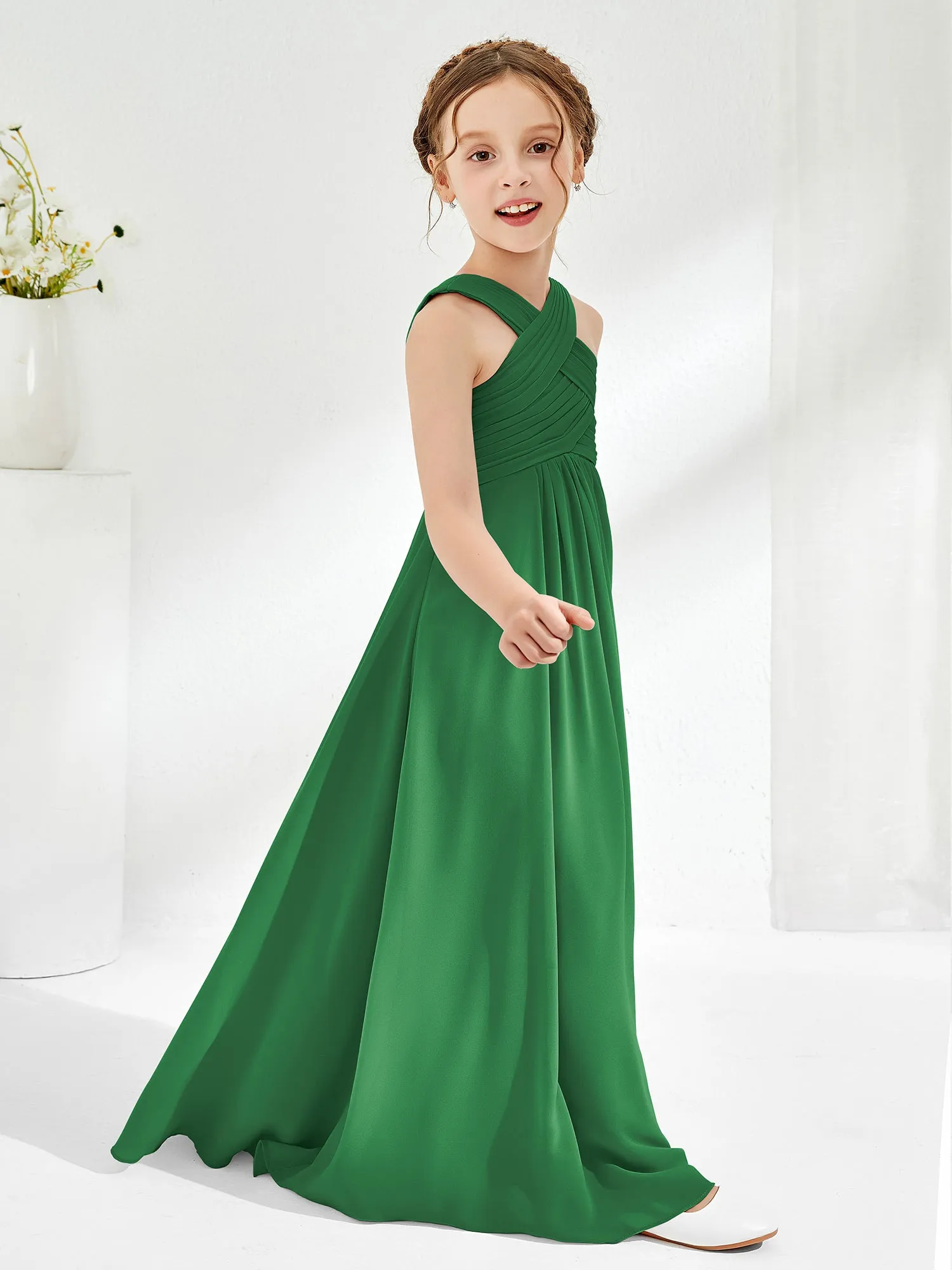 Cross Shoulder Strap Junior Bridesmaid Dresses with Empire Waist Emerald