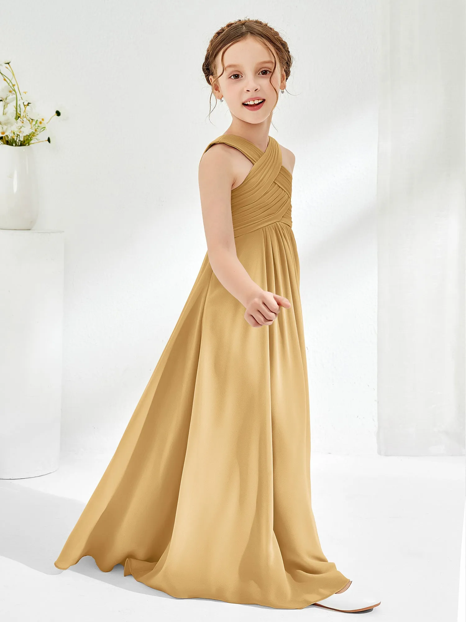 Cross Shoulder Strap Junior Bridesmaid Dresses with Empire Waist Gold