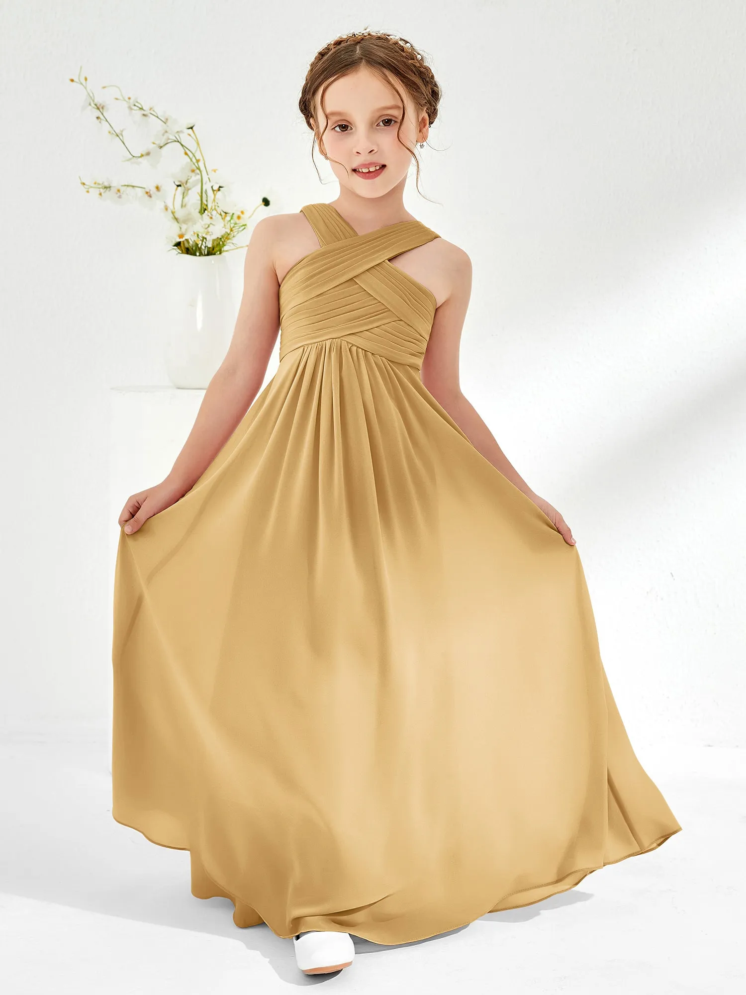 Cross Shoulder Strap Junior Bridesmaid Dresses with Empire Waist Gold