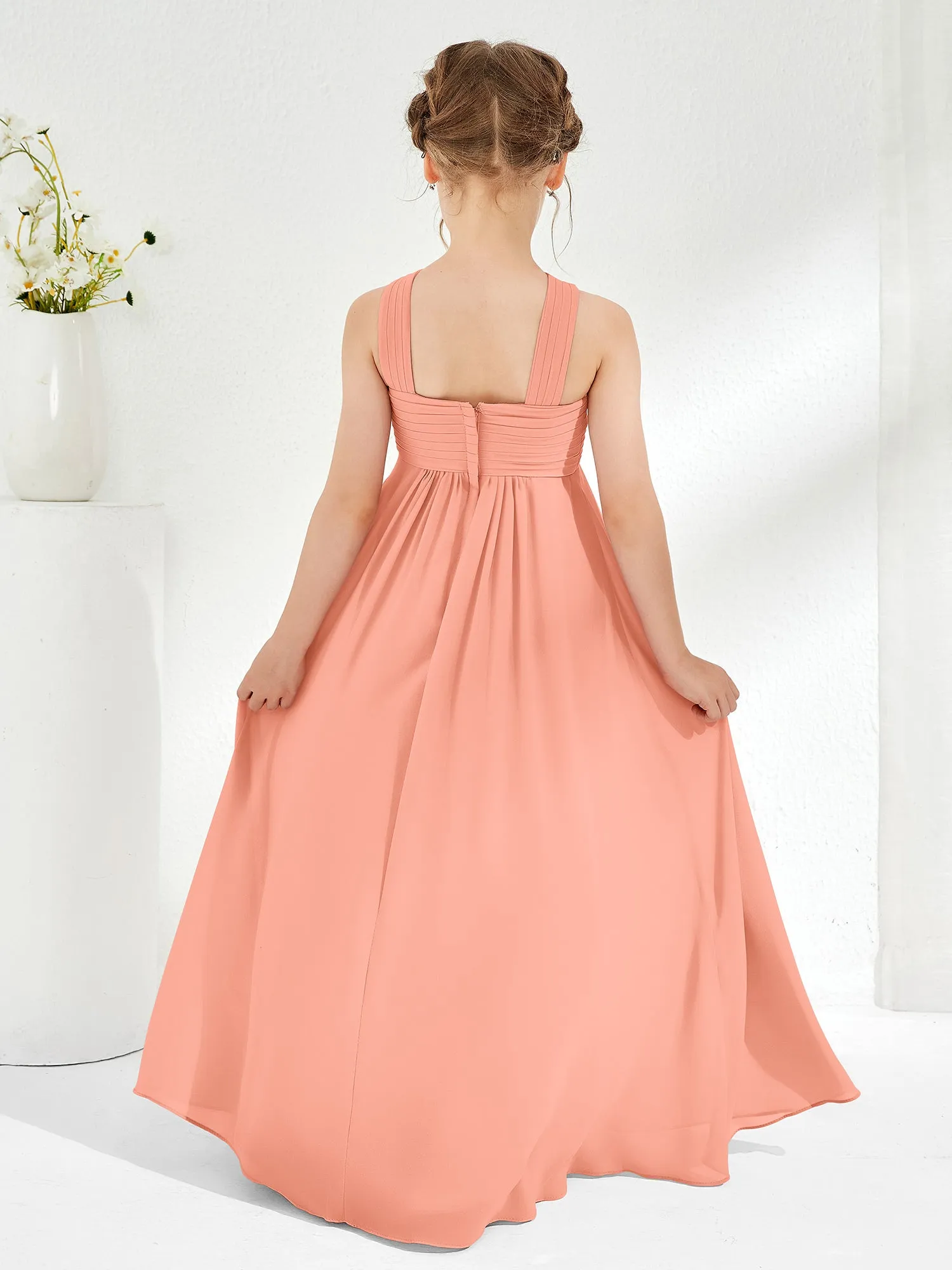 Cross Shoulder Strap Junior Bridesmaid Dresses with Empire Waist Papaya