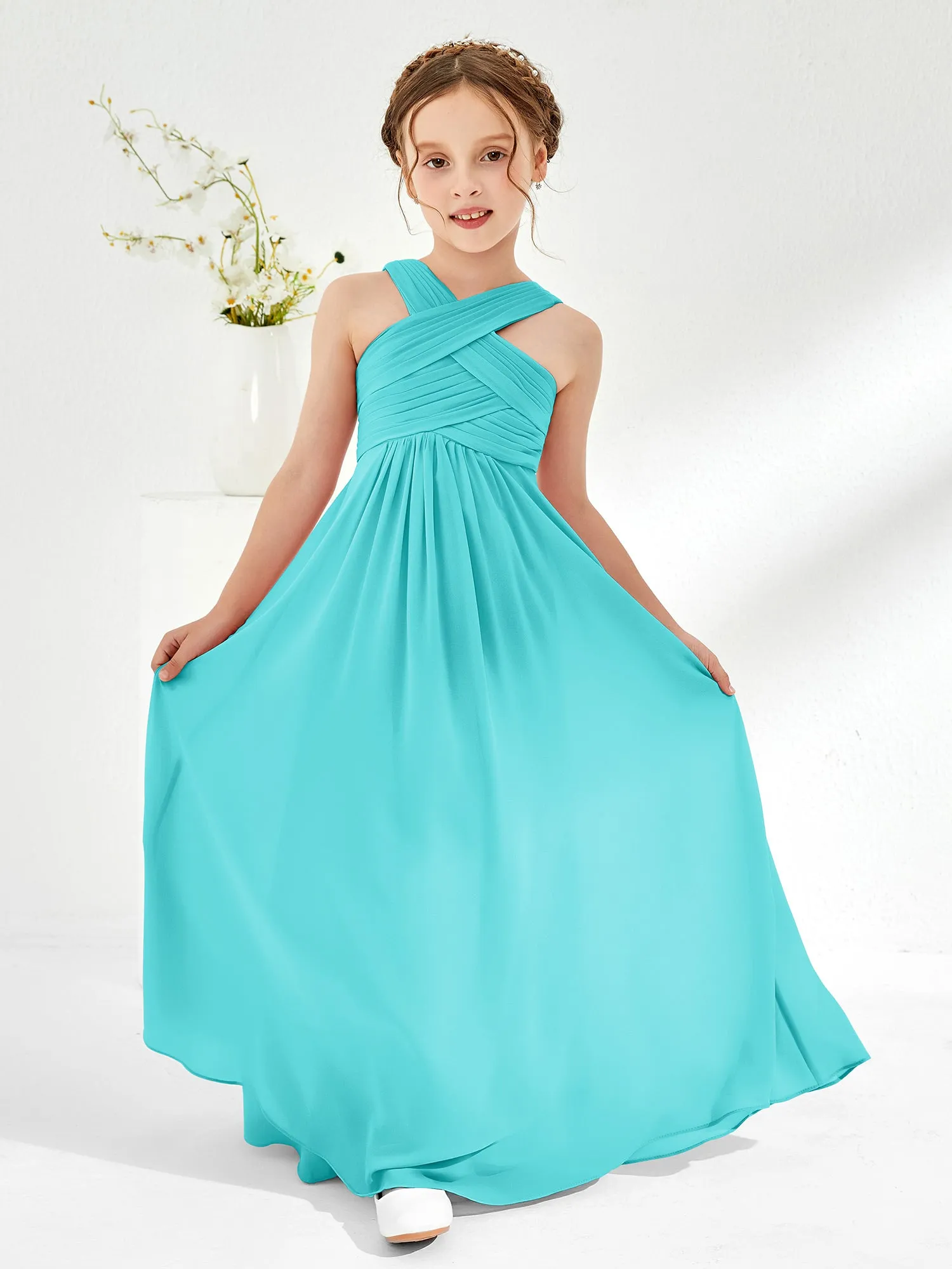 Cross Shoulder Strap Junior Bridesmaid Dresses with Empire Waist Pool