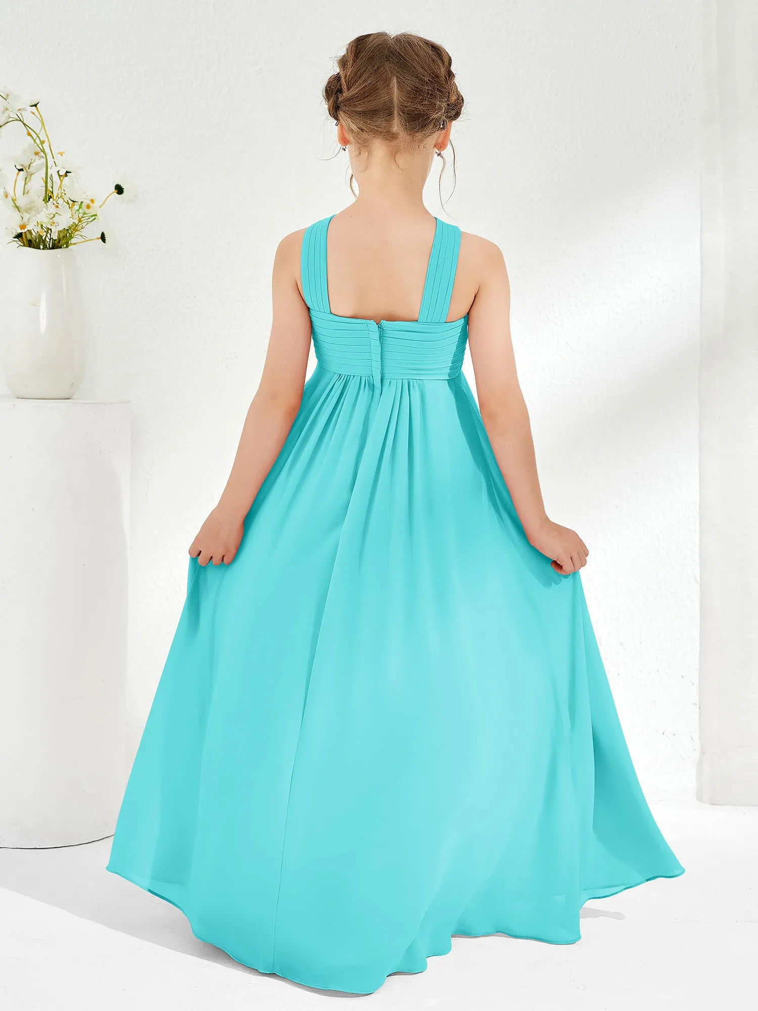 Cross Shoulder Strap Junior Bridesmaid Dresses with Empire Waist Pool