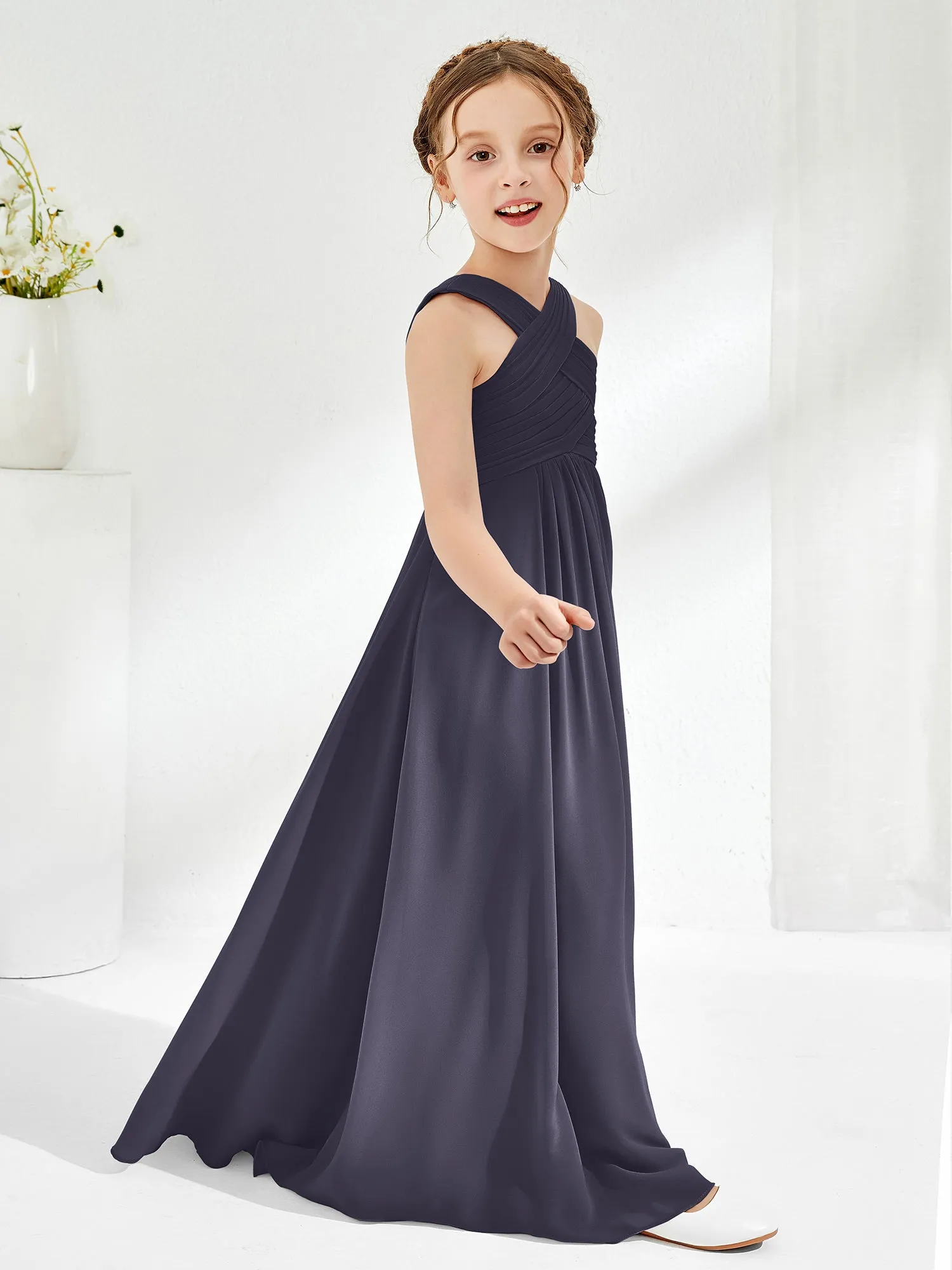 Cross Shoulder Strap Junior Bridesmaid Dresses with Empire Waist Stormy