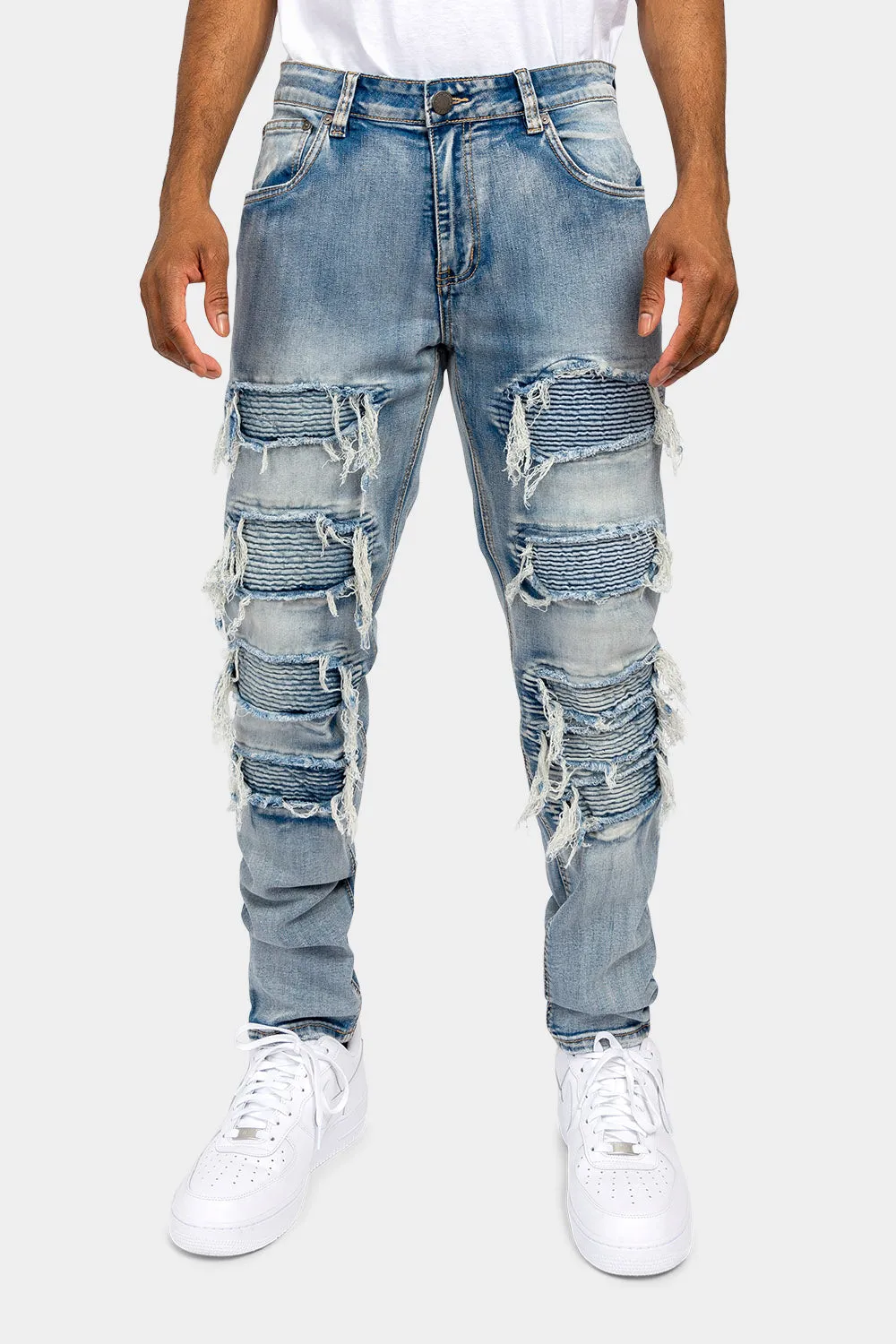 Distressed Ripped Moto Biker Denim Jeans