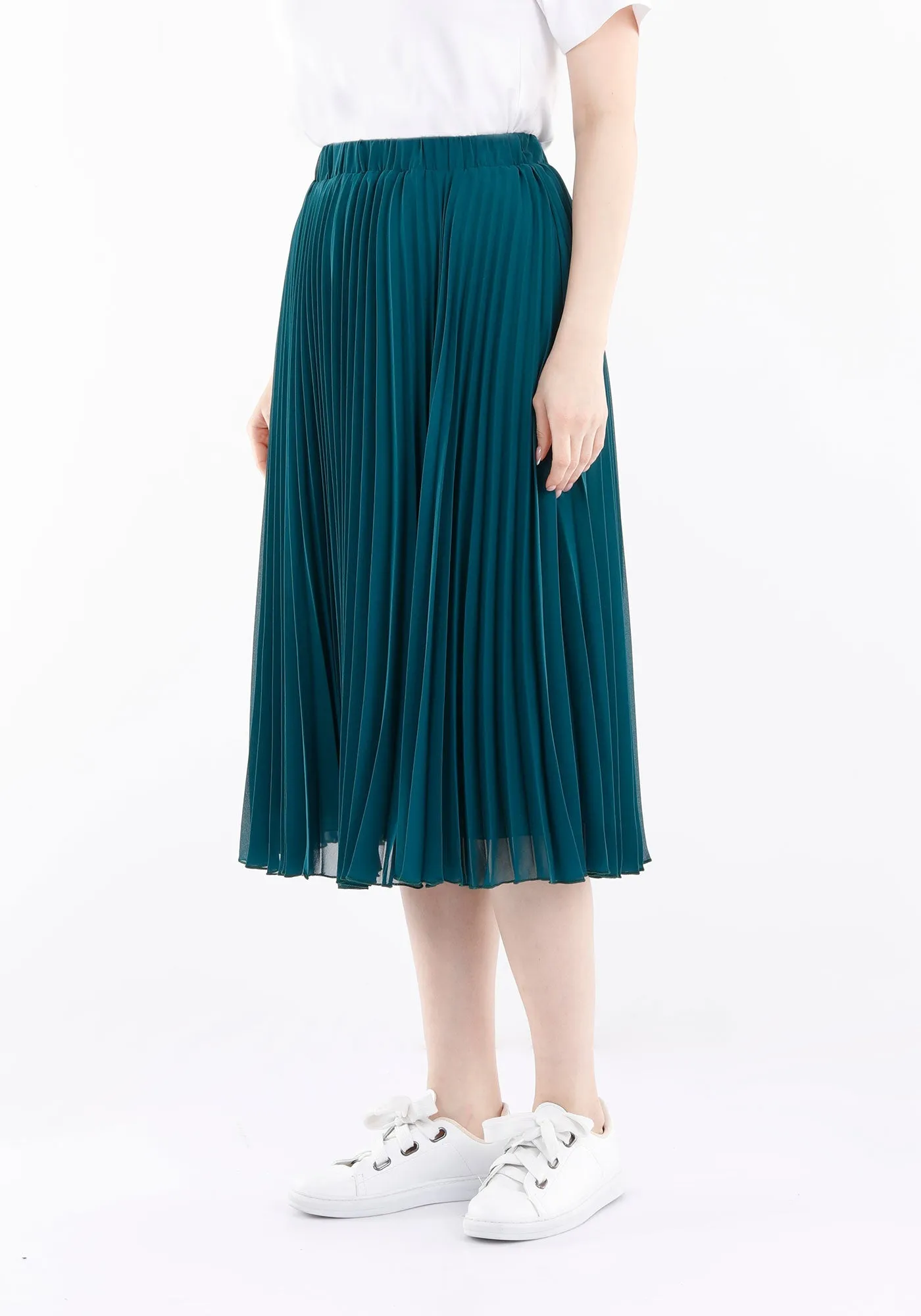 Emerald Green Pleated Chiffon Plisse Midi Skirt