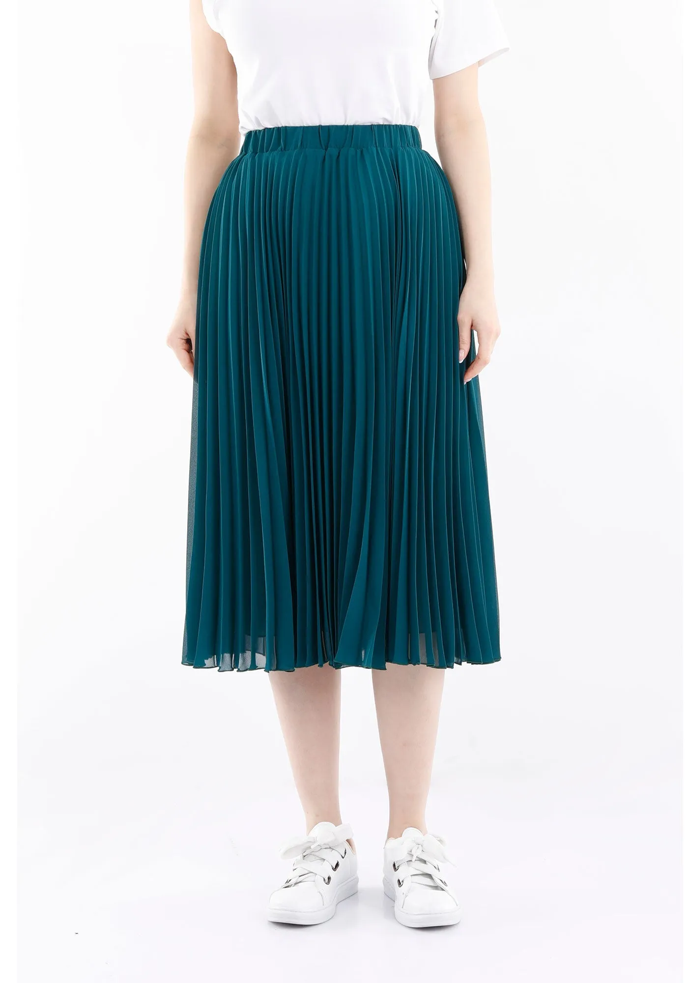 Emerald Green Pleated Chiffon Plisse Midi Skirt